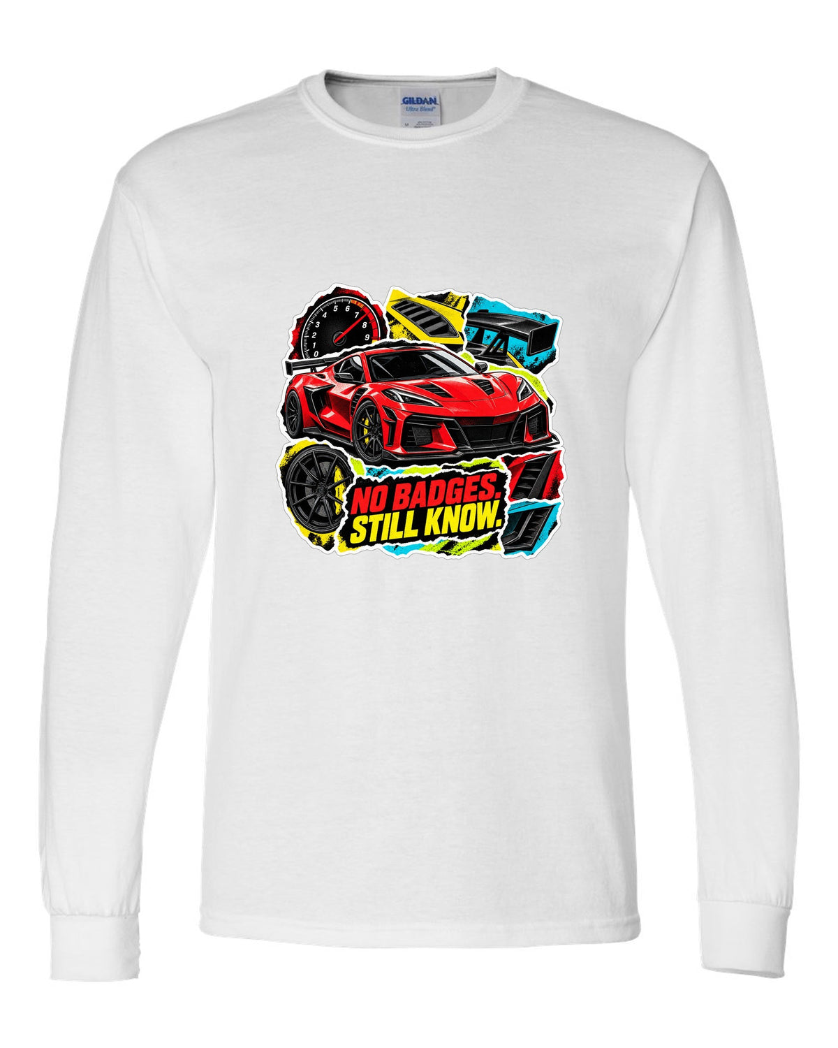 Sticker-bomb collage print of a 2025 Chevrolet Corvette C8 ZR1 with fender vents and rear wing white long sleeve front view with the design