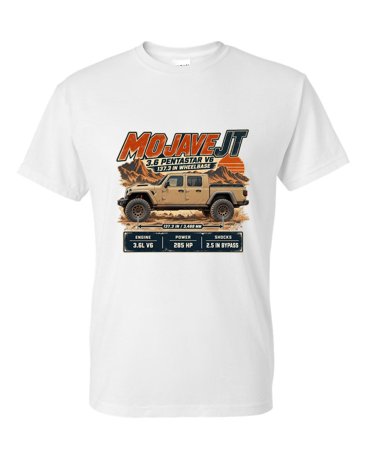 Spec poster print for the Jeep Gladiator Mojave JT with engine and wheelbase white t-shirt front view with the design