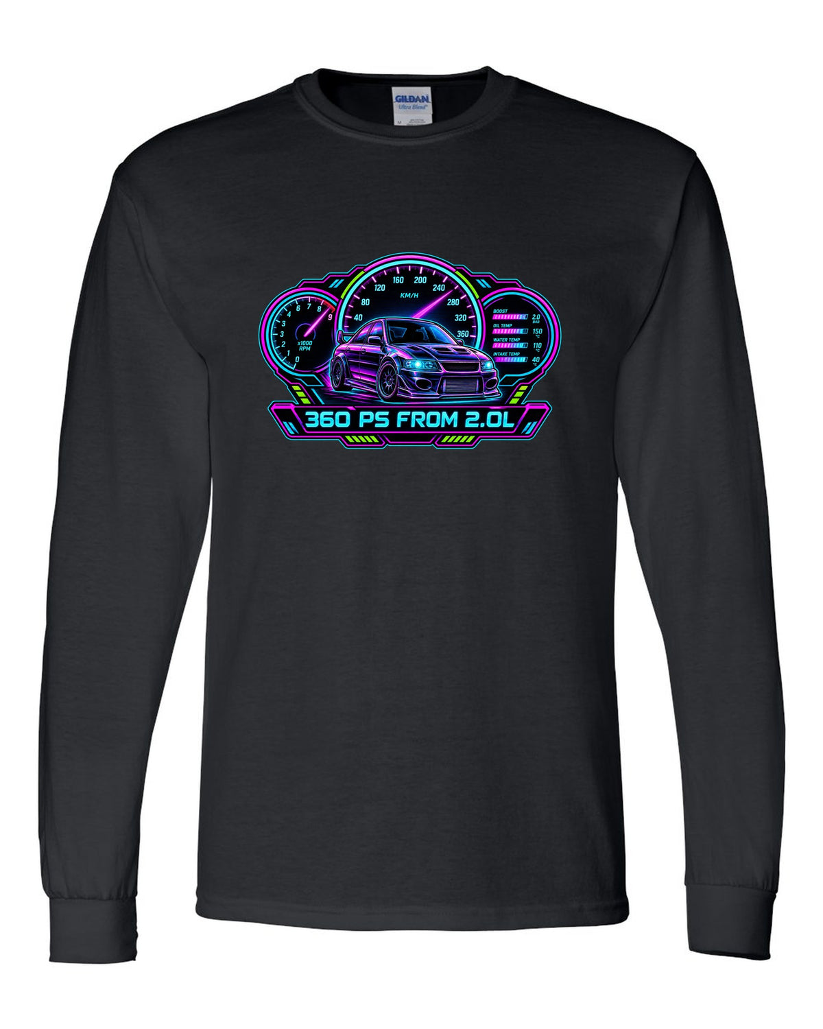 Neon cyberpunk gauge cluster print for the Mitsubishi Evo IX CT9A with 360 PS from 2.0L text black long sleeve front view with the design