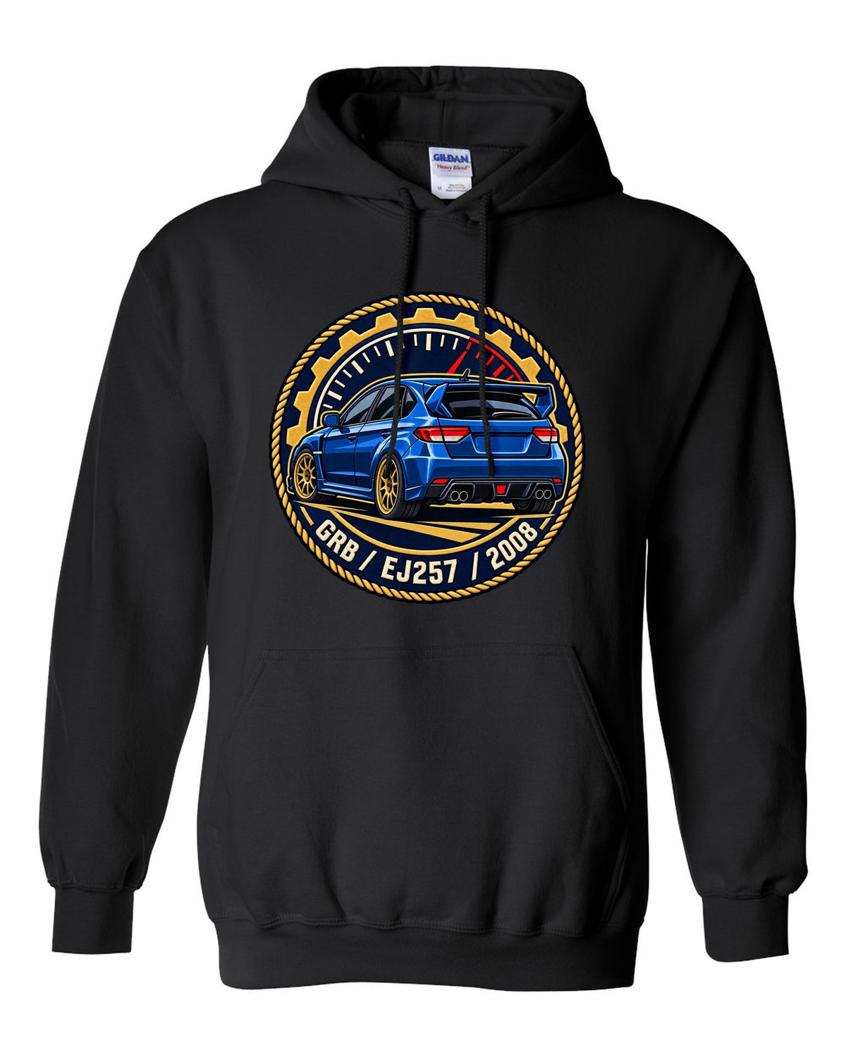 Subaru Impreza WRX STI GRB chback varsity crest print, GRB / EJ257 / 2008 black pull over hoodie front view with the design