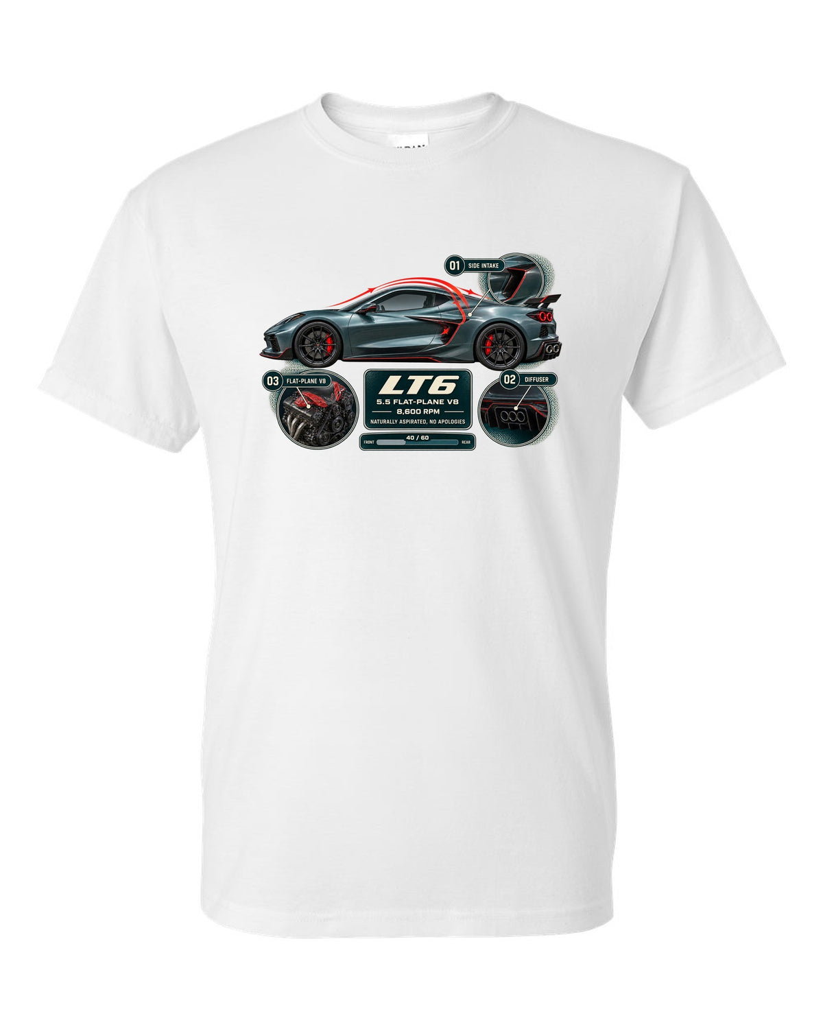print aero cutaway callouts of a Chevrolet Corvette C8 Z06 in teal-grey white t-shirt front view with the design