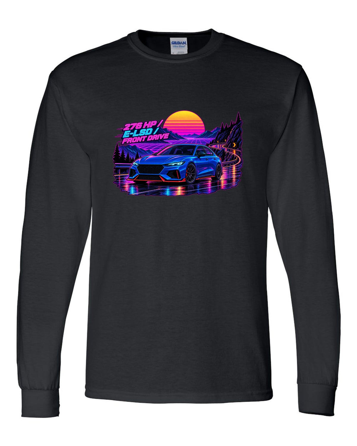 Hyundai Elantra N CN7 synthwave wet road print with 276 HP and E-LSD text black long sleeve front view with the design