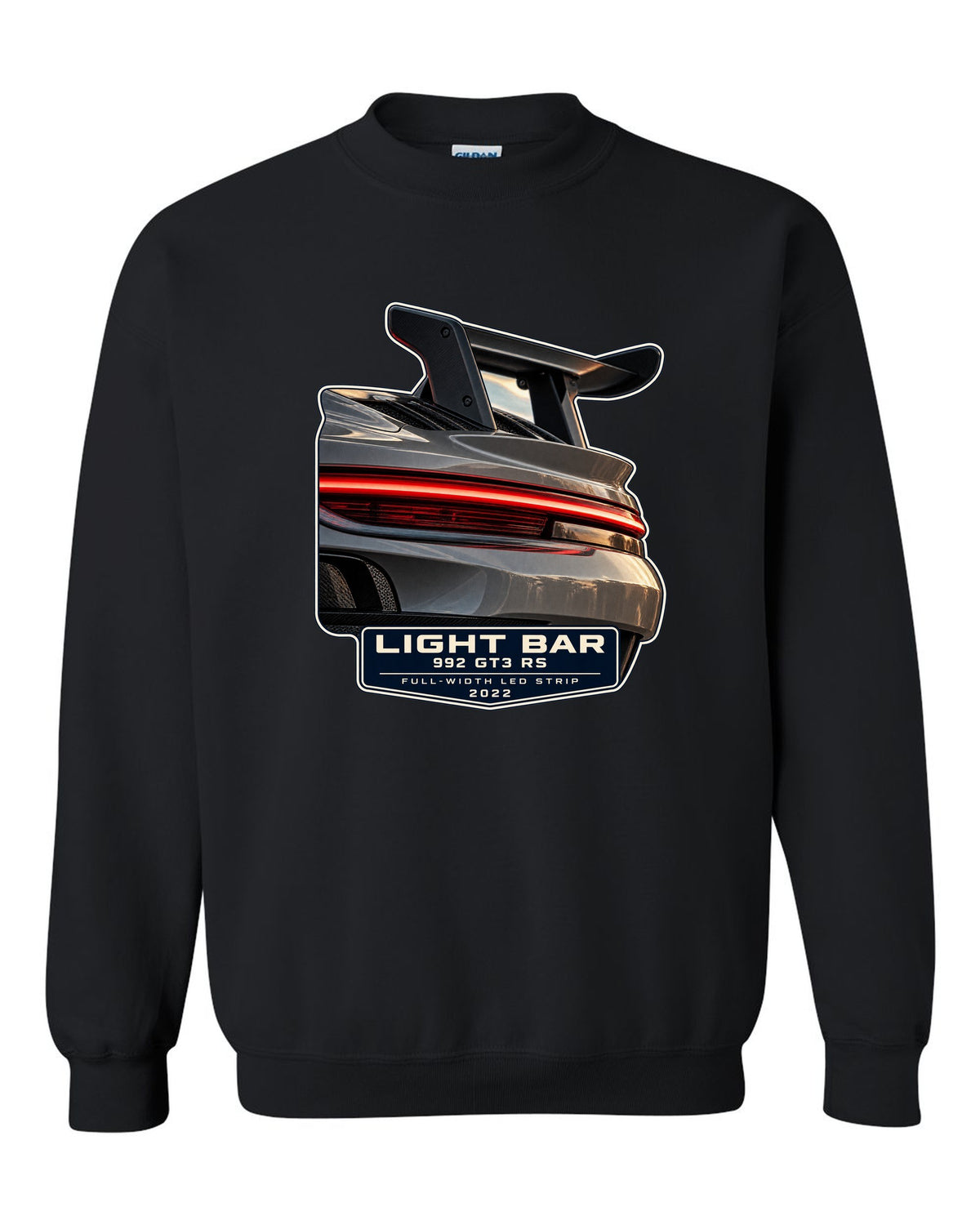 Porsche 992 GT3 RS taillight macro light bar print design black crewneck front view with the design