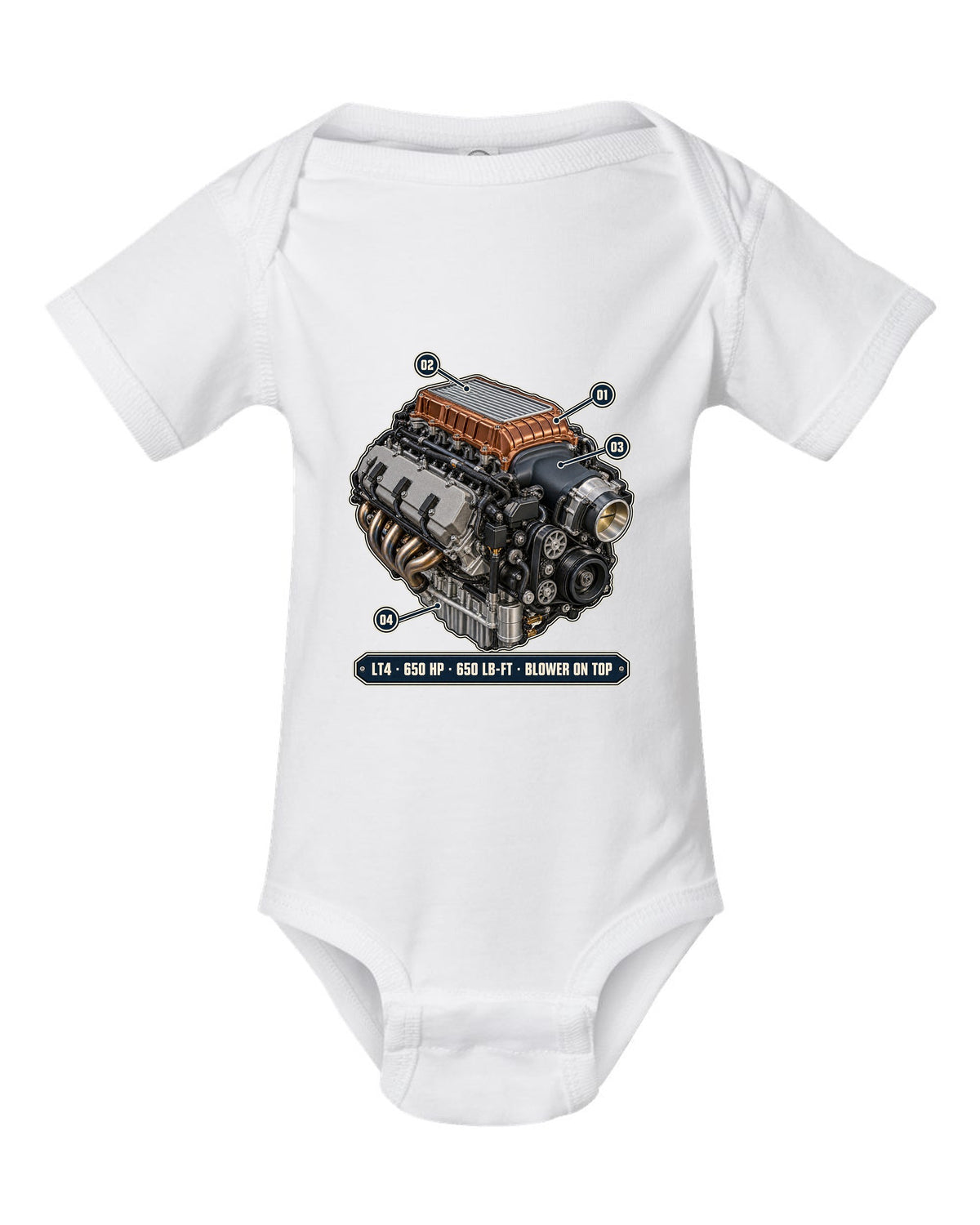 Camaro ZL1 LT4 supercharged engine bay poster print white baby onesie front view with the design
