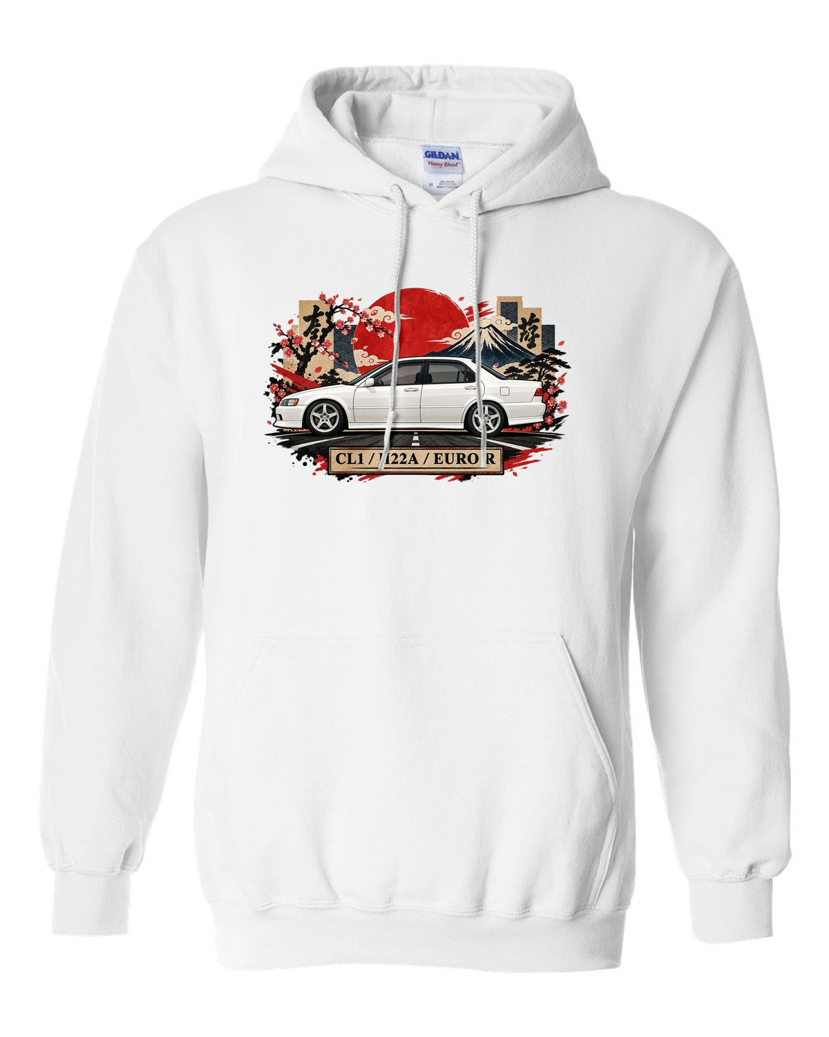 Japanese kanji plate collage print for the Honda Accord Euro R CL1 with H22A text white pull over hoodie front view with the design
