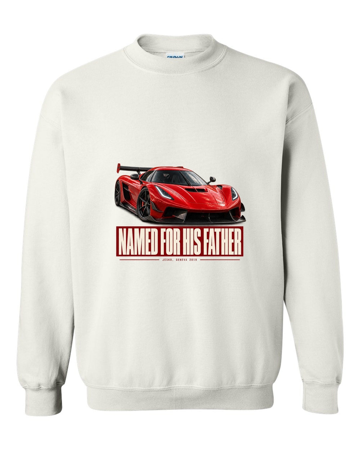 Editorial headline poster of a Koenigsegg Jesko Attack front three-quarter, print white crewneck front view with the design