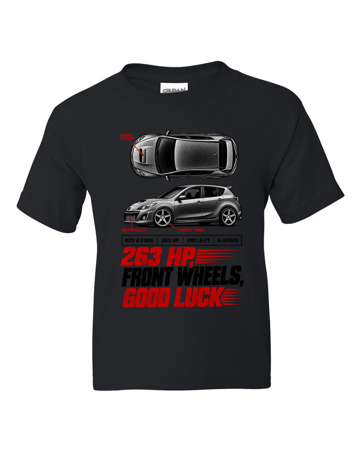 Top-down and profile views of a Mazdaspeed3 BK with 263 HP spec poster text black kids tee front view with the design