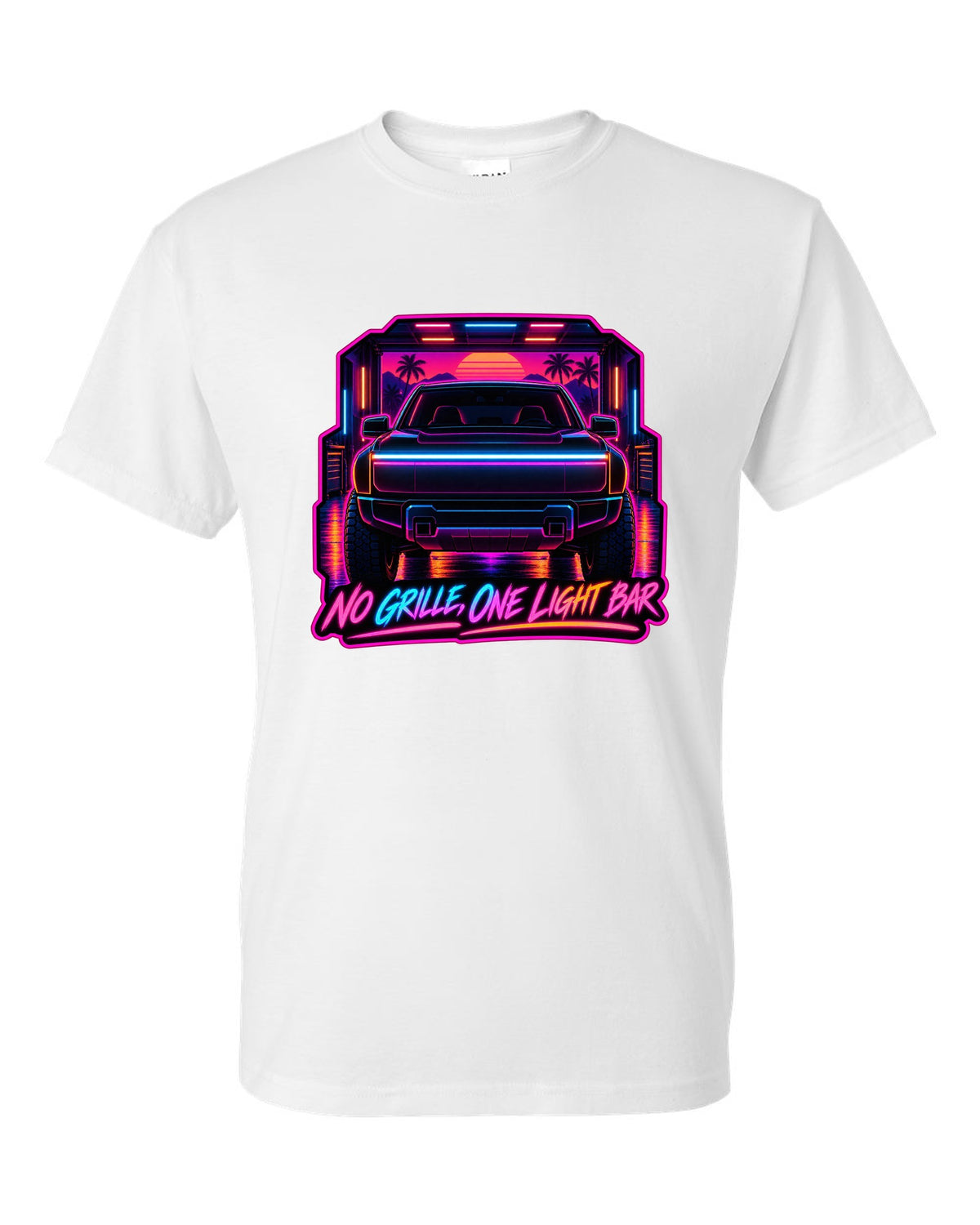 Ford F-150 Lightning neon synthwave glow print with no grille and one light bar text white t-shirt front view with the design