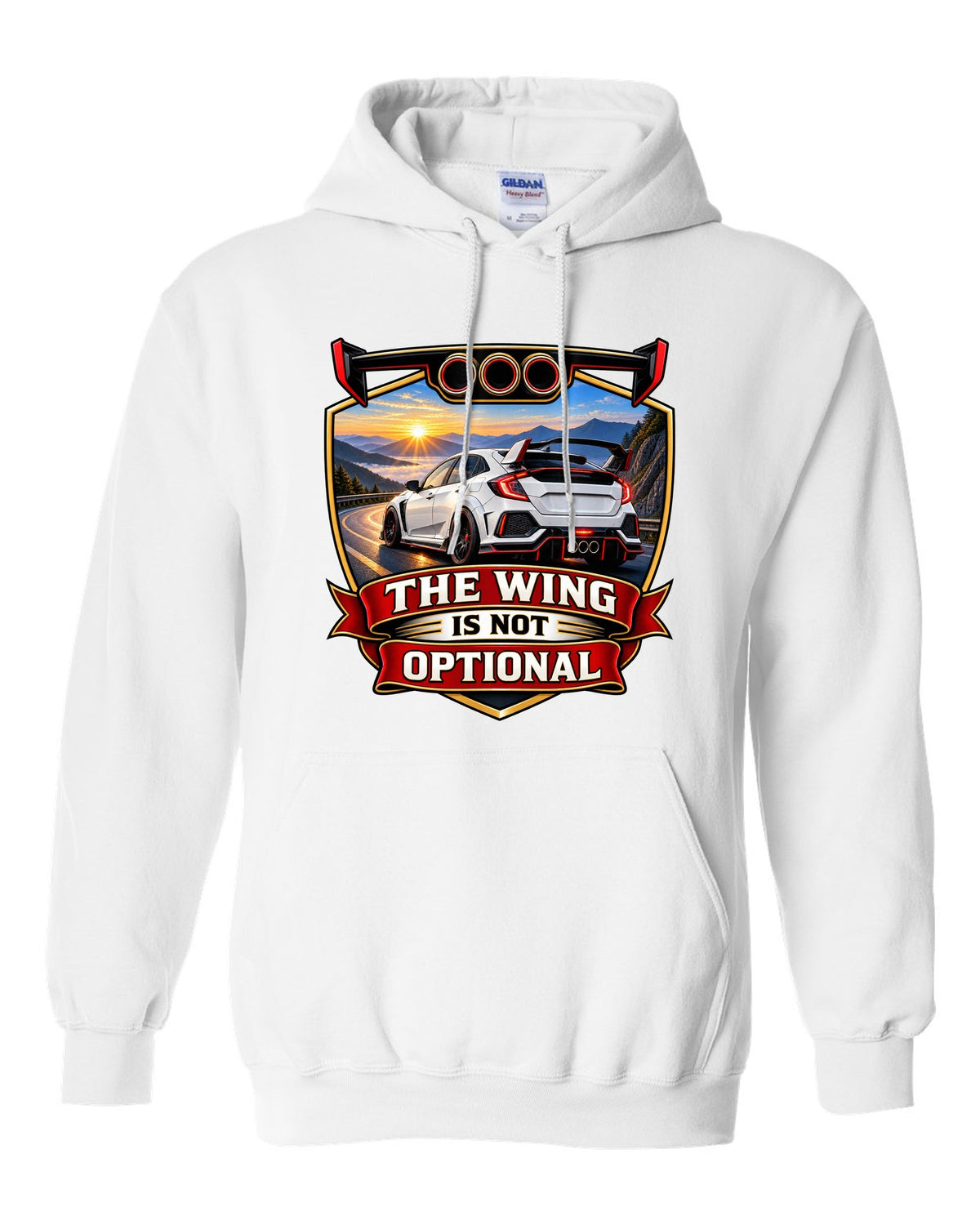 Racing shield print of a Honda Civic Type R FK8 ch with the wing is not optional text white pull over hoodie front view with the design