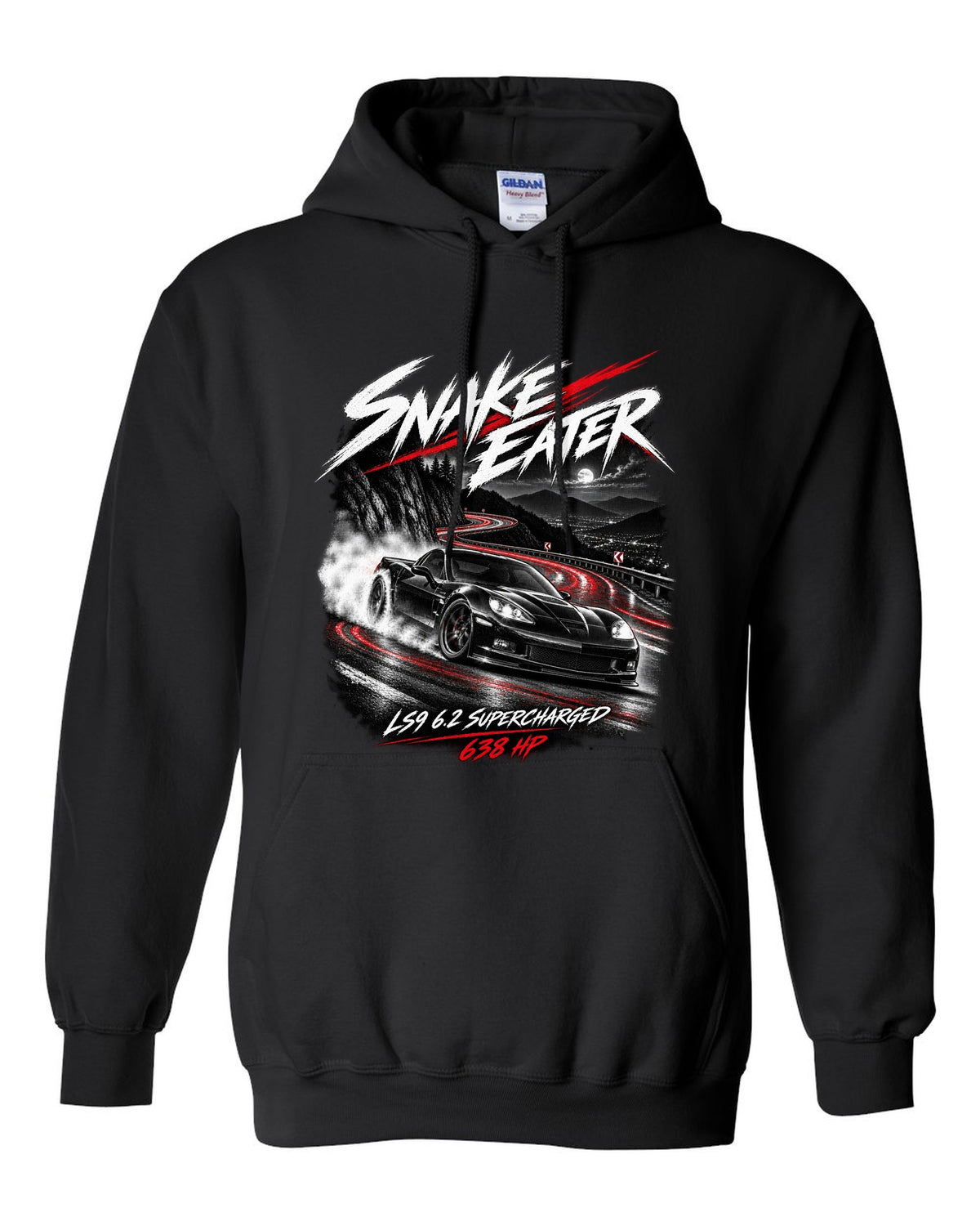 Corvette C6 ZR1 supercharged on a night mountain road black pull over hoodie front view with the design