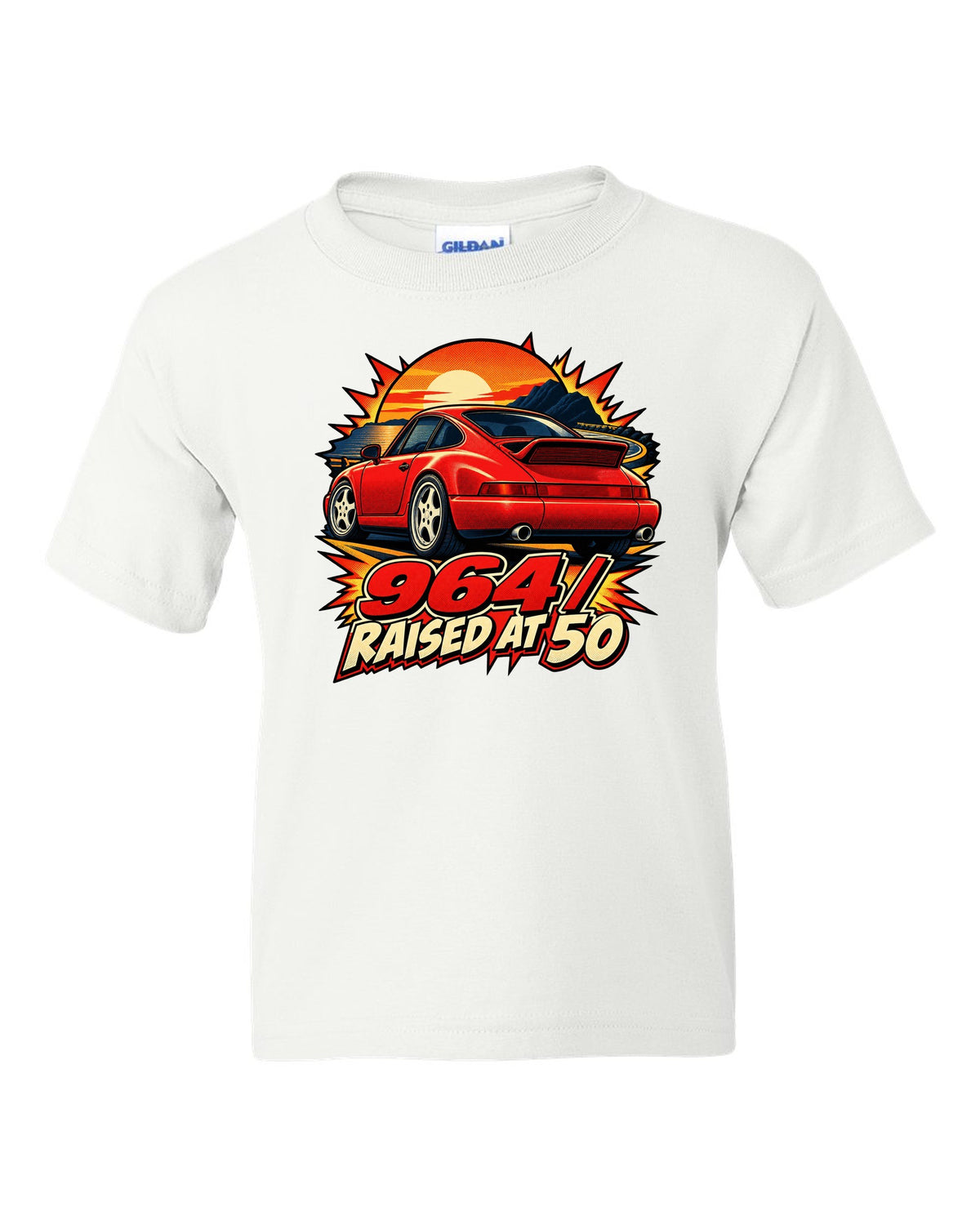 Comic dot-ink illustration of a Porsche 911 Carrera 964 with its spoiler raised white kids tee front view with the design
