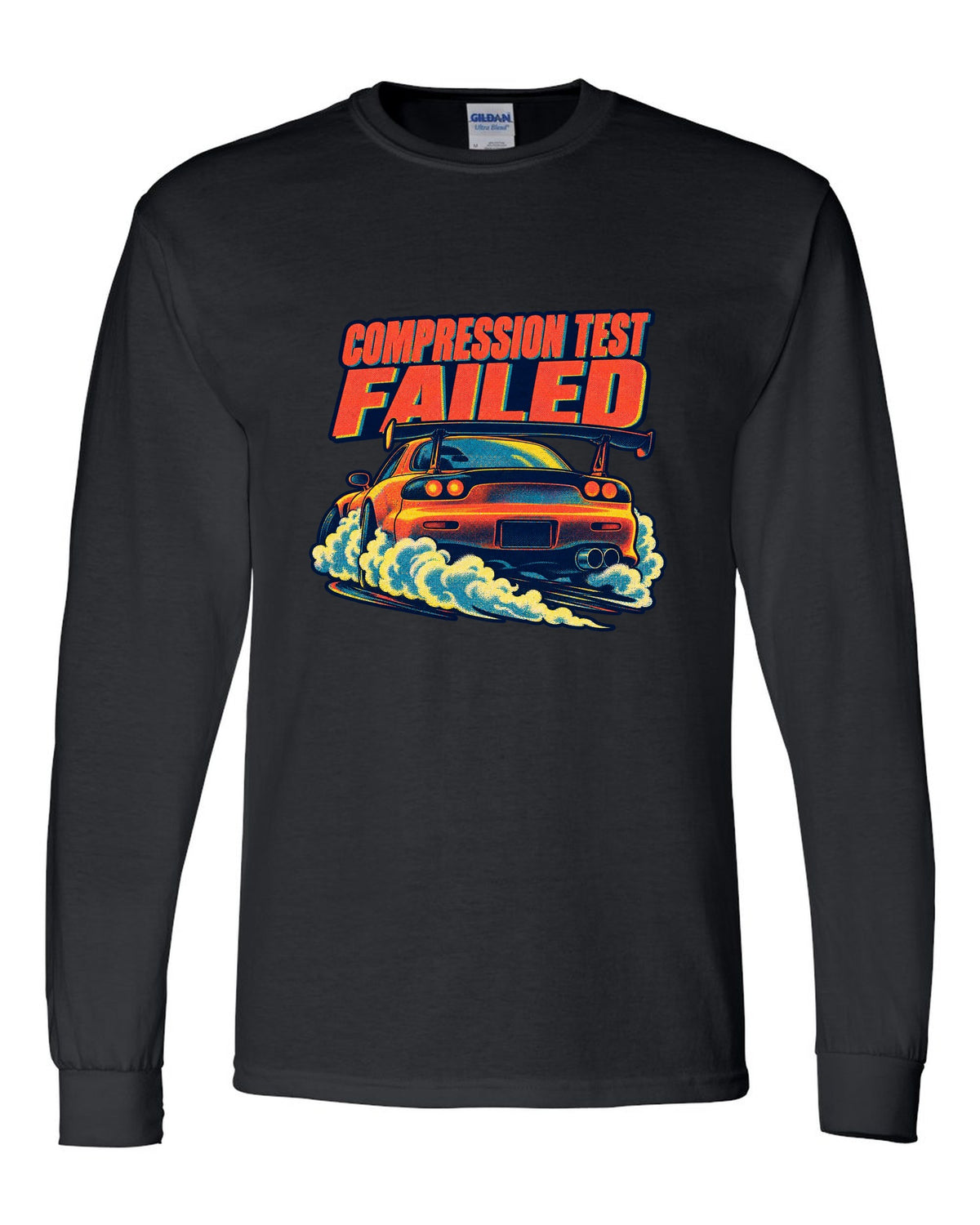 Risograph spot-colour rear view of a Mazda RX-7 FD3S with glowing taillights black long sleeve front view with the design
