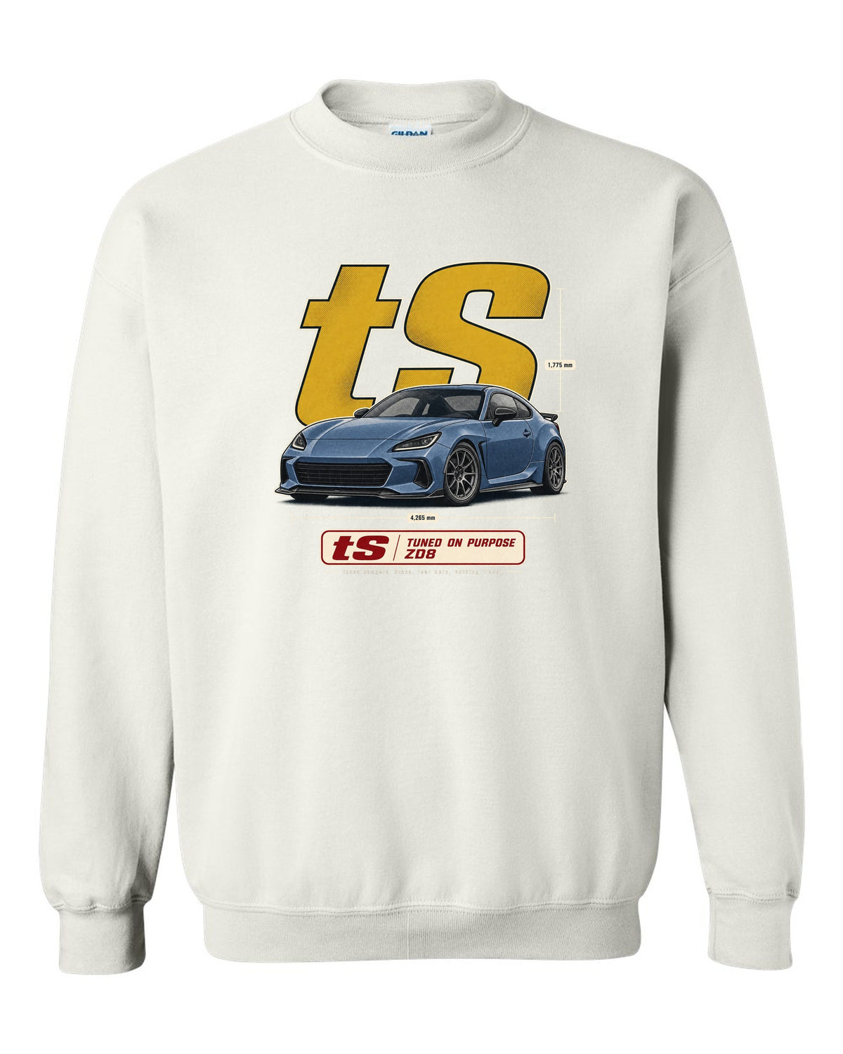 Halftone poster-style print of a Subaru BRZ tS ZD8 with tuning statement lettering white crewneck front view with the design