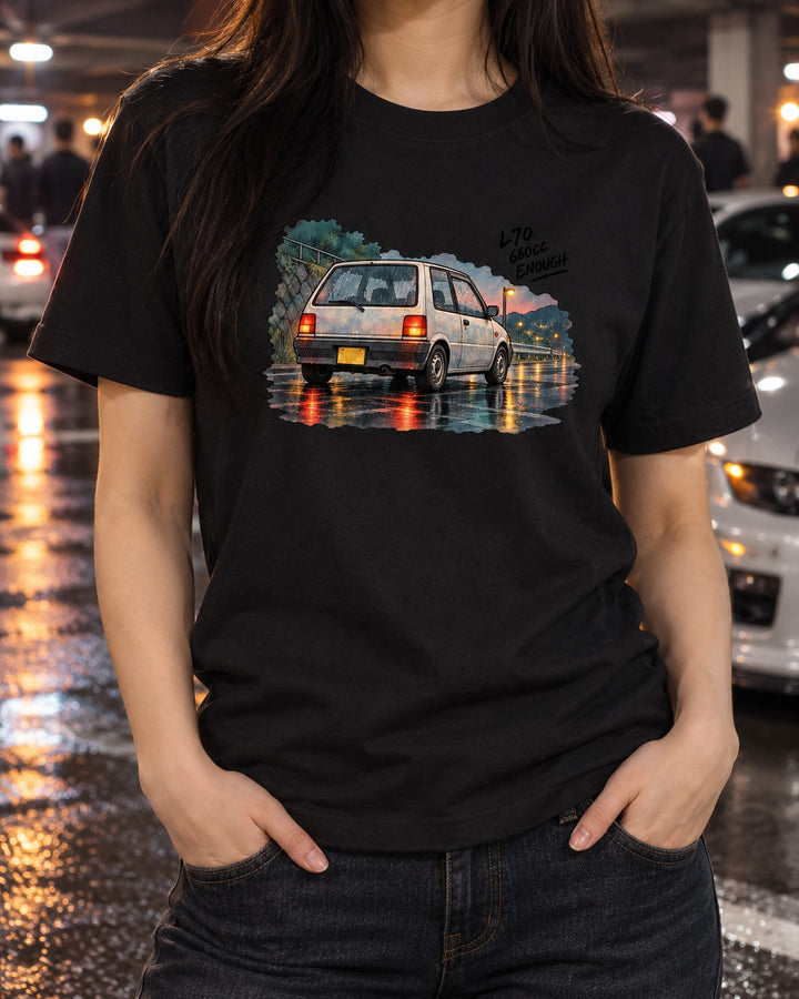 Daihatsu Mira TR-XX L70 Turbo Sleeper Watercolour Car Shirt T-Shirt Black worn hero