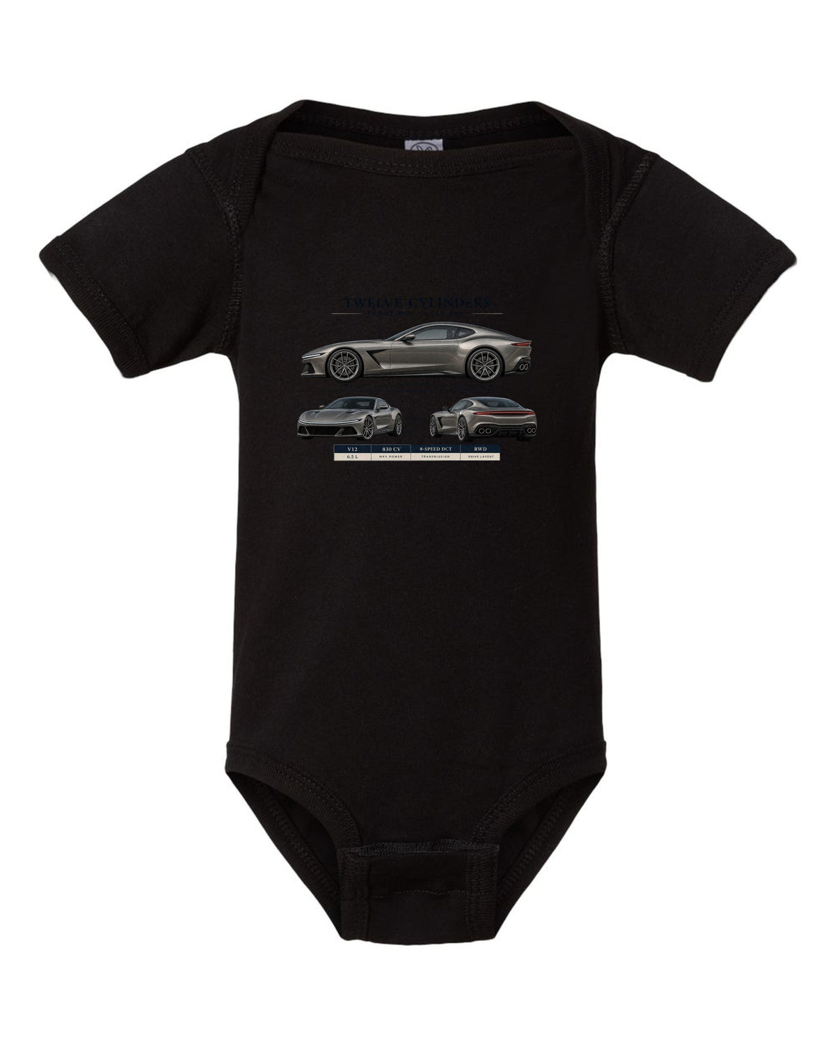 Three-view spec sheet print of the Ferrari 12Cilindri on a tee black baby onesie front view with the design