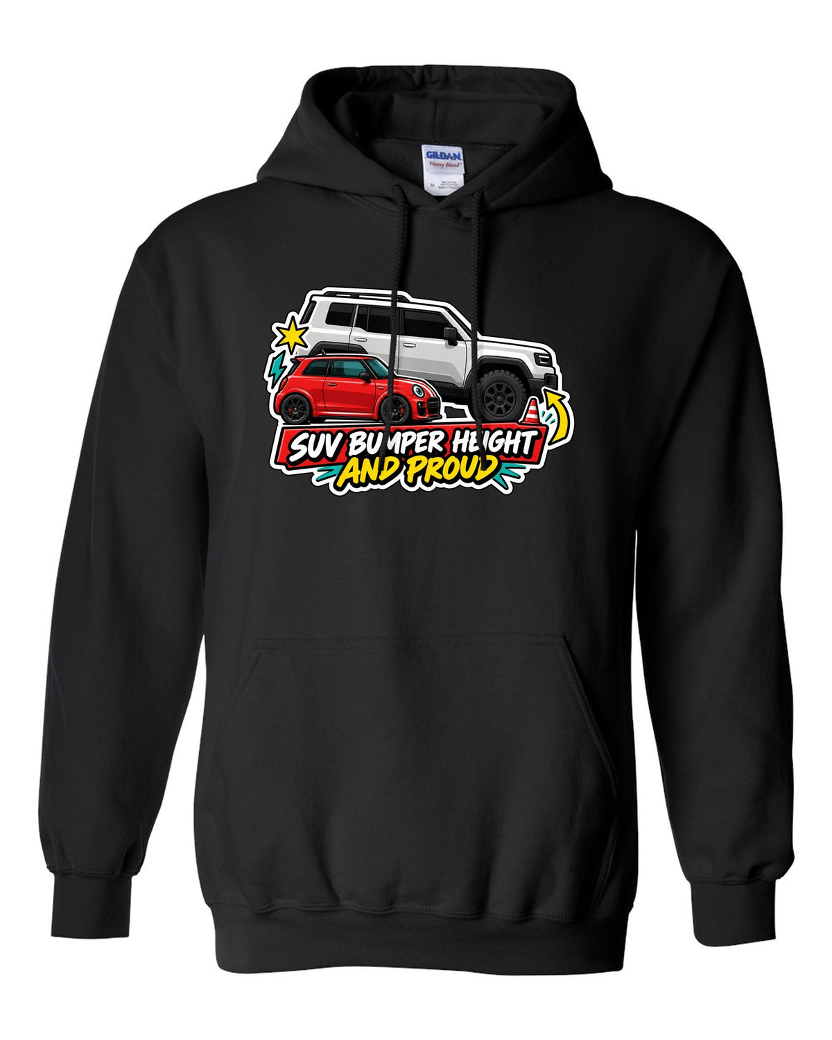 Sticker-bomb collage of a Fiat 500 Abarth with SUV bumper height joke black pull over hoodie front view with the design