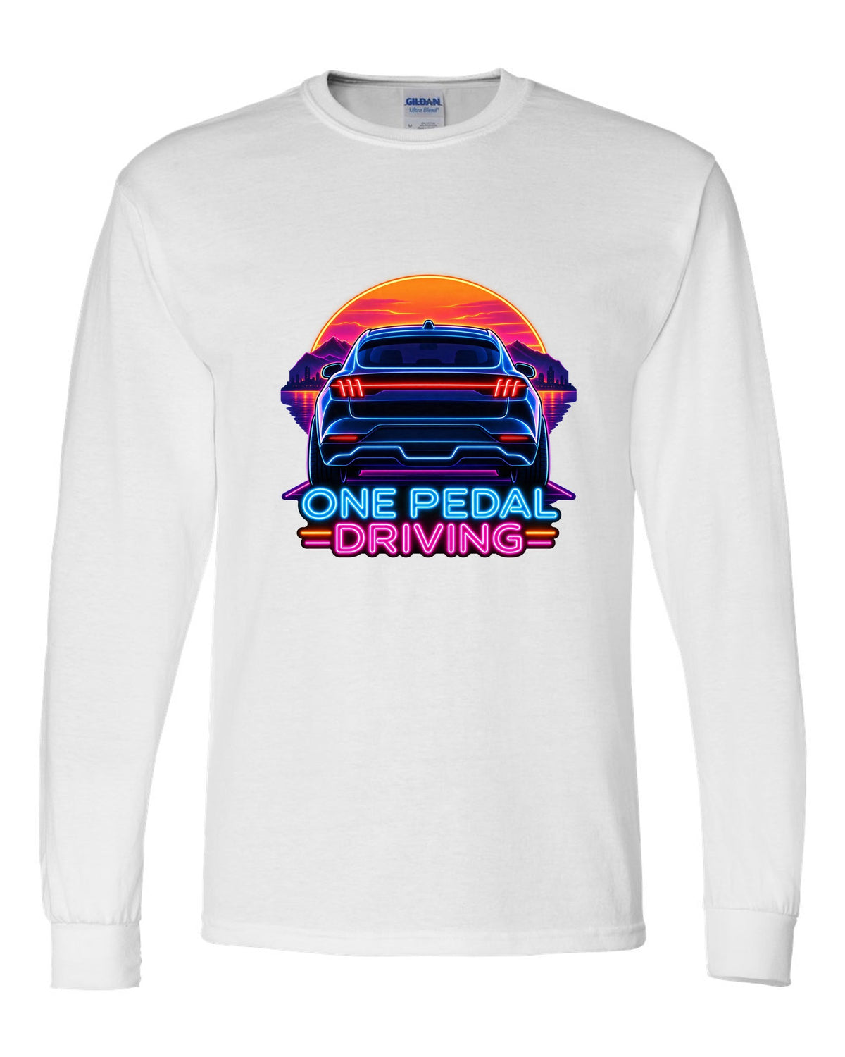 Neon sign print of the 2020 Mustang Mach-E CX727 tail bar reading One Pedal Driving white long sleeve front view with the design