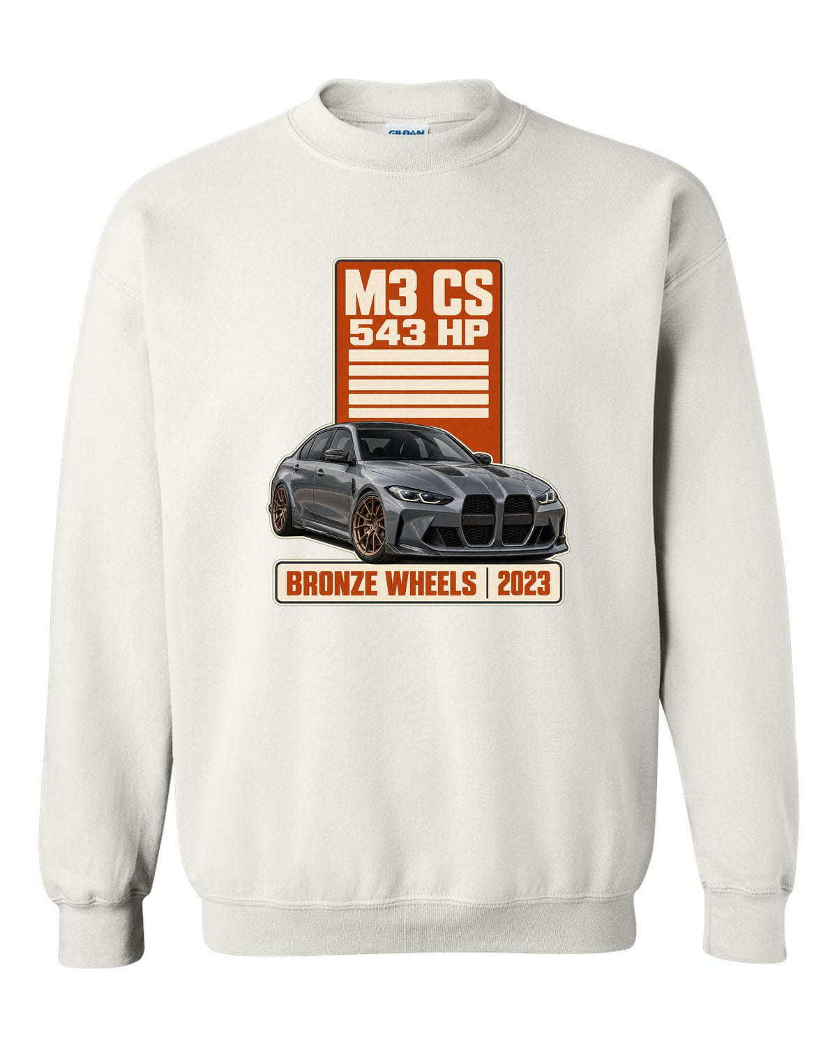 BMW M3 CS G80 spec poster print with 543 hp and bronze wheels text white crewneck front view with the design
