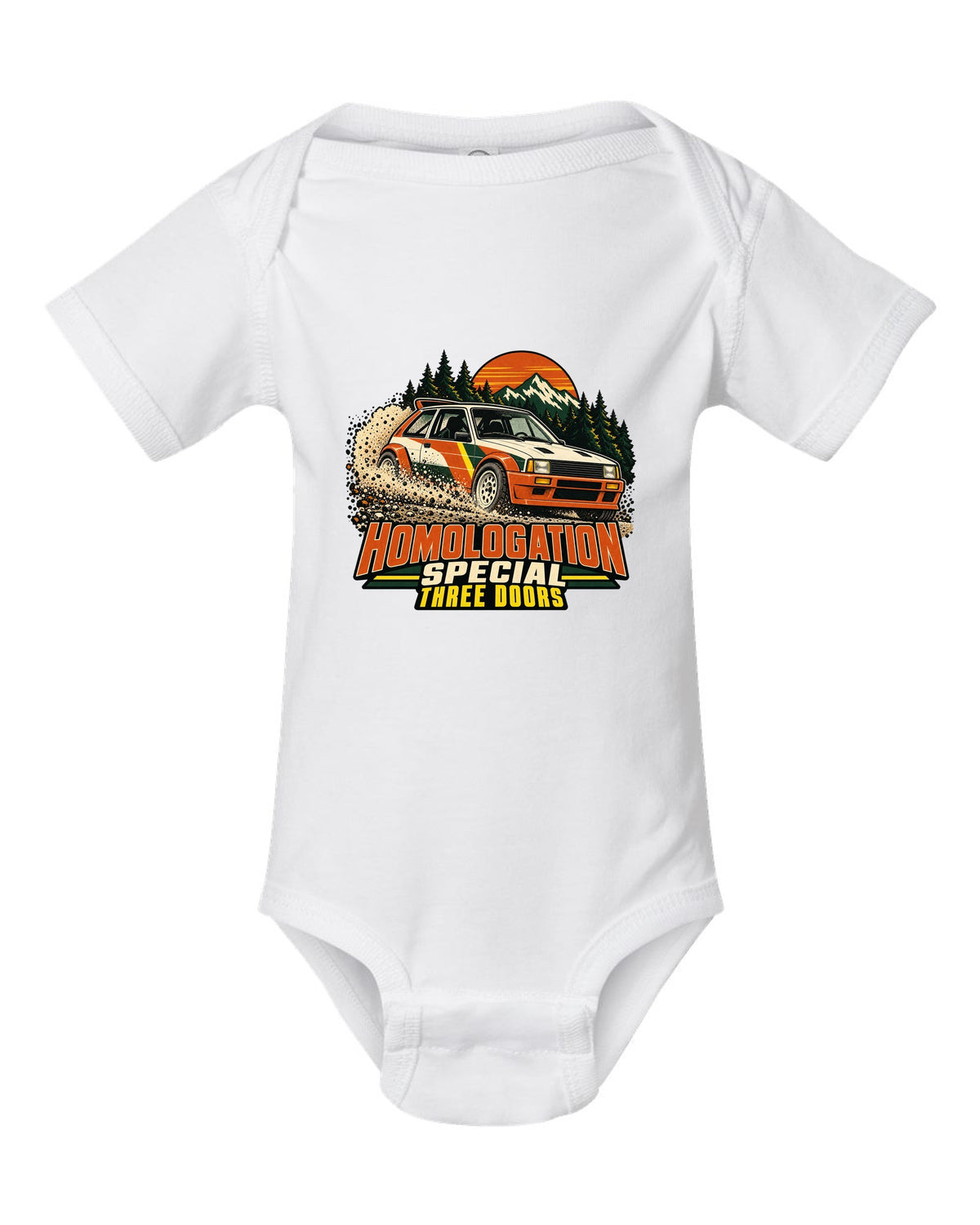 Vintage rally poster of a Toyota GR Yaris sliding on gravel with homologation text white baby onesie front view with the design