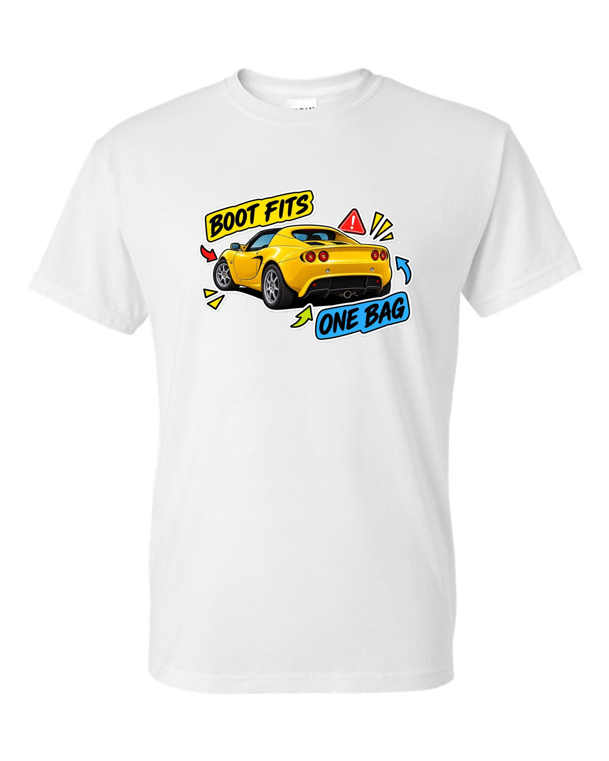 Lotus Elise S2 sticker bomb collage with BOOT FITS ONE BAG lettering white t-shirt front view with the design