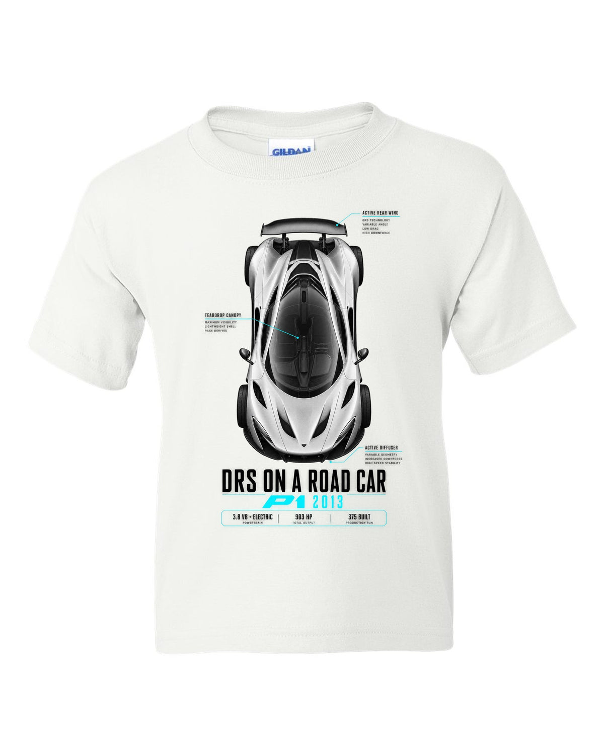 Spec poster print of a 2013 McLaren P1 with DRS on a road car text white kids tee front view with the design