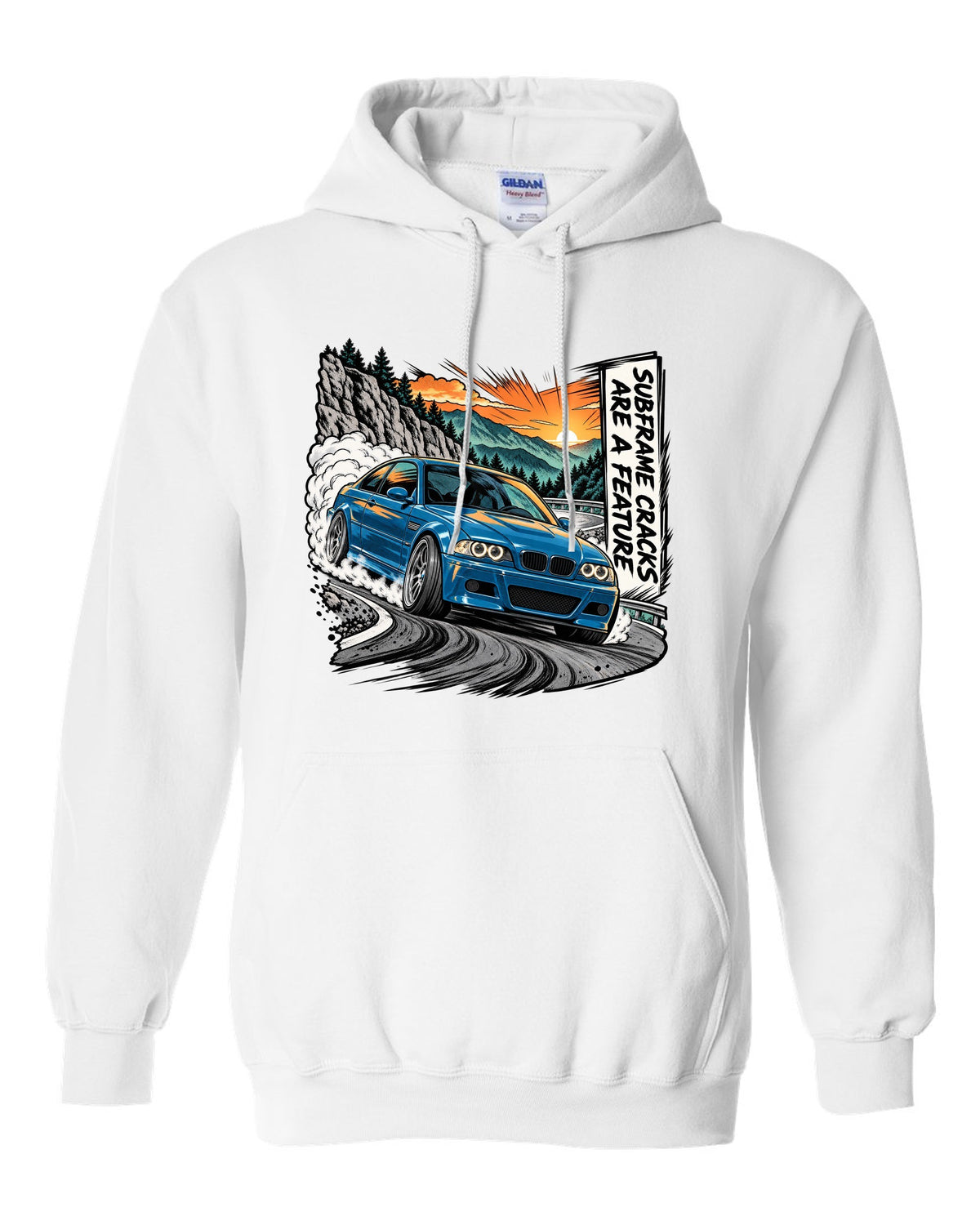 Retro manga halftone panel illustration of a BMW E46 M3 coupe on a mountain pass white pull over hoodie front view with the design