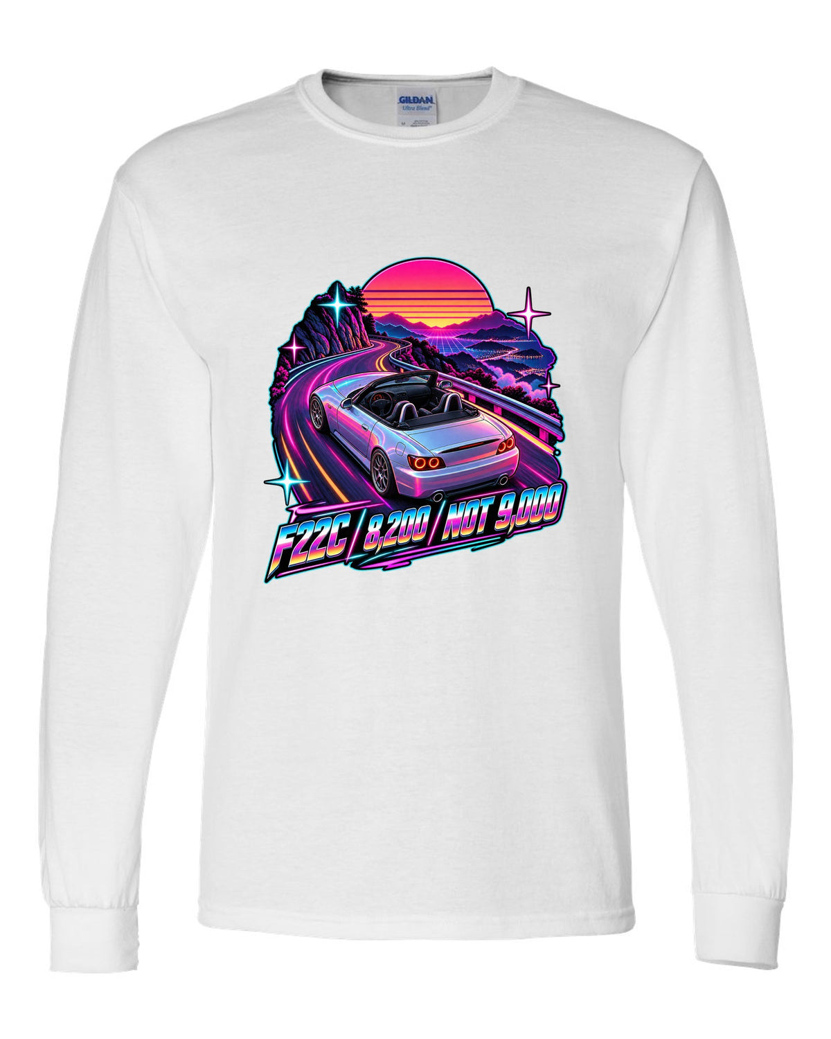 Neon synthwave print of a 2004 Honda S2000 AP2 roadster with F22C 8,200 Not 9,000 lettering white long sleeve front view with the design