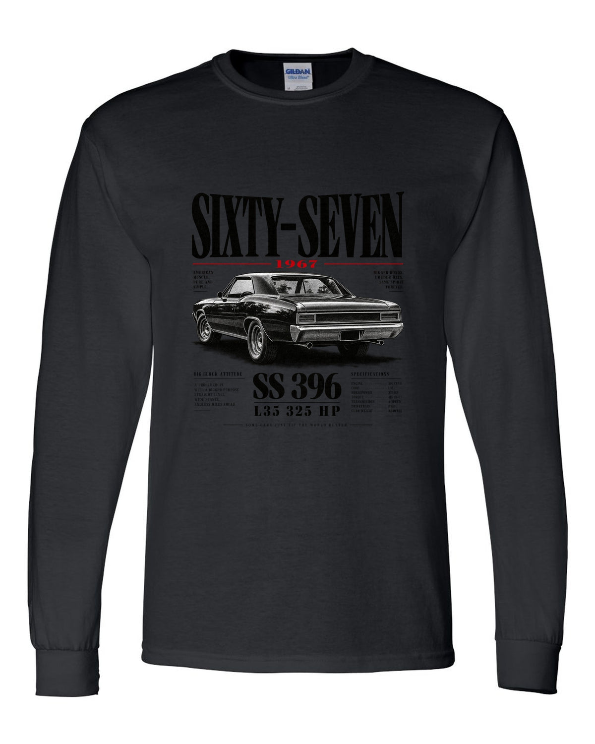 1967 Chevelle SS 396 rear three-quarter editorial headline print black long sleeve front view with the design