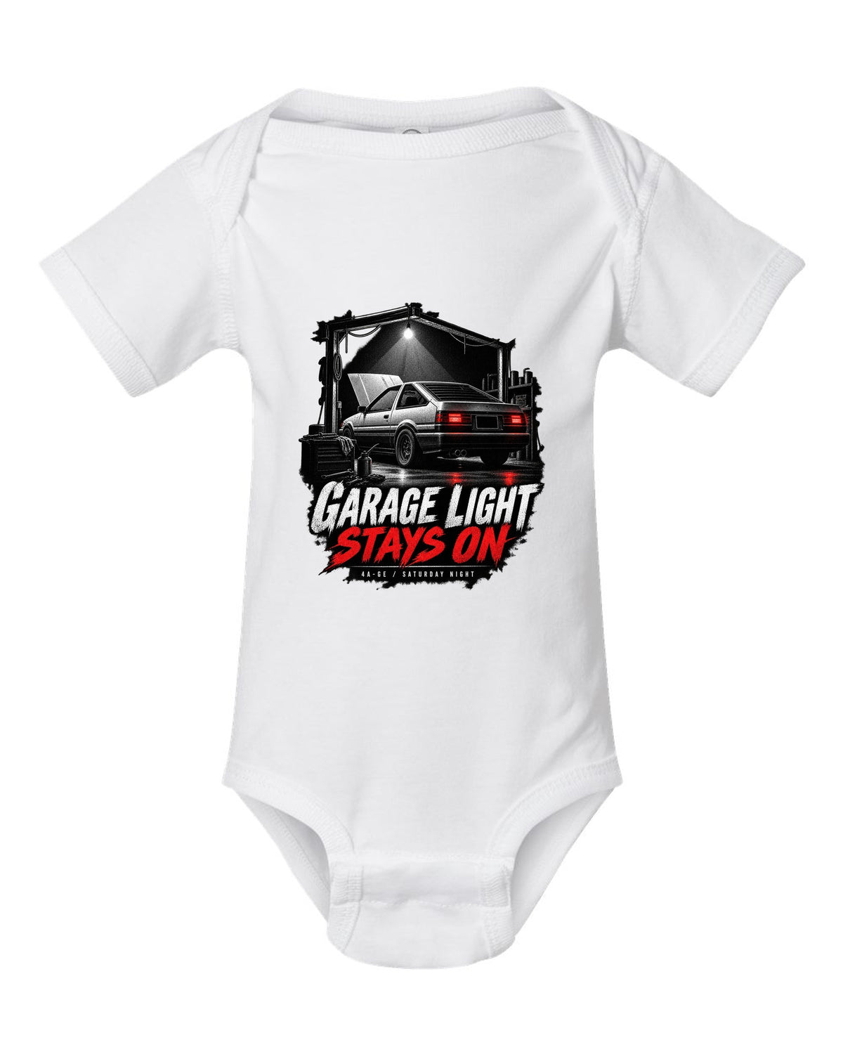 Garage night print of a Toyota AE86 Sprinter Trueno with 4A-GE lettering white baby onesie front view with the design