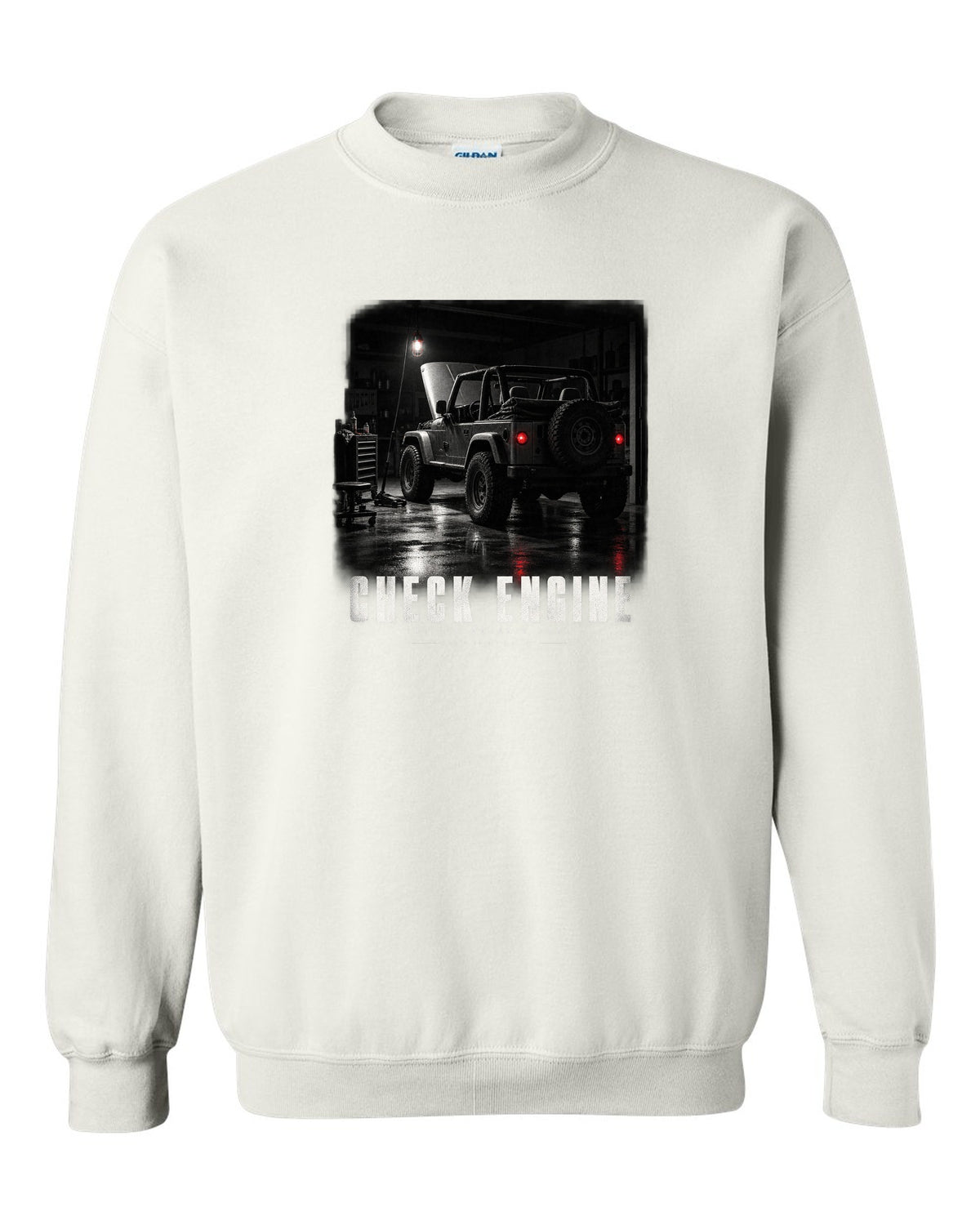 Garage night print for the Jeep Wrangler TJ, Check Engine The 4.0 Doesn't Care white crewneck front view with the design