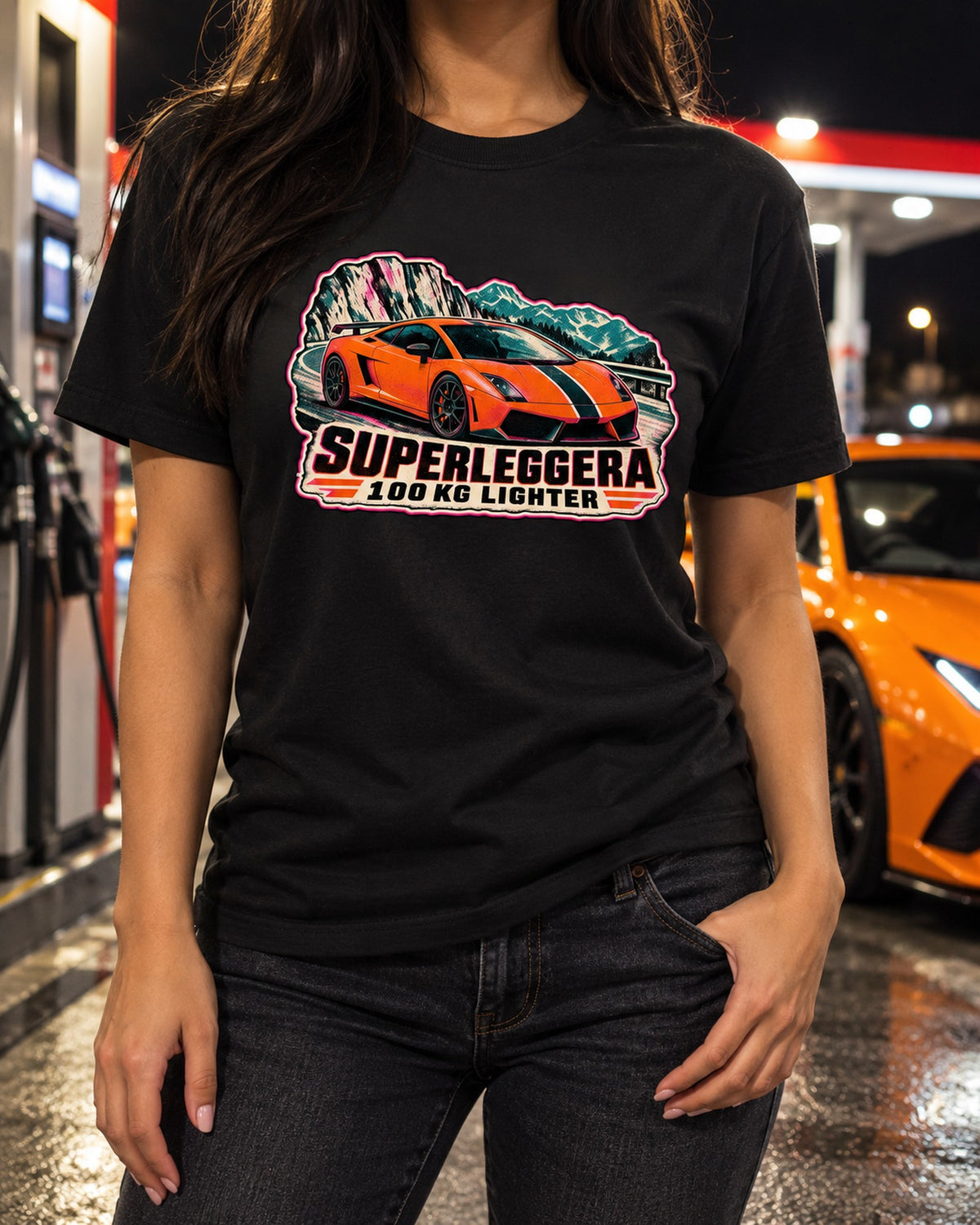 Gallardo Superleggera Riso Print Shirt, 100 KG Lighter Tee T-Shirt Black worn hero