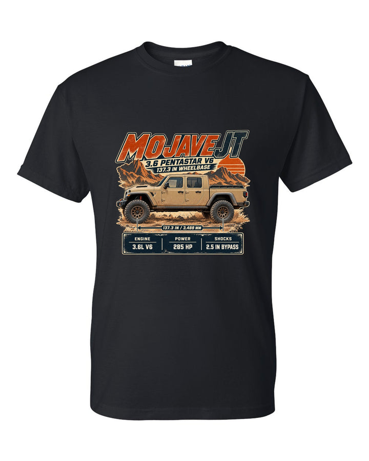 Spec poster print for the Jeep Gladiator Mojave JT with engine and wheelbase black t-shirt front view with the design