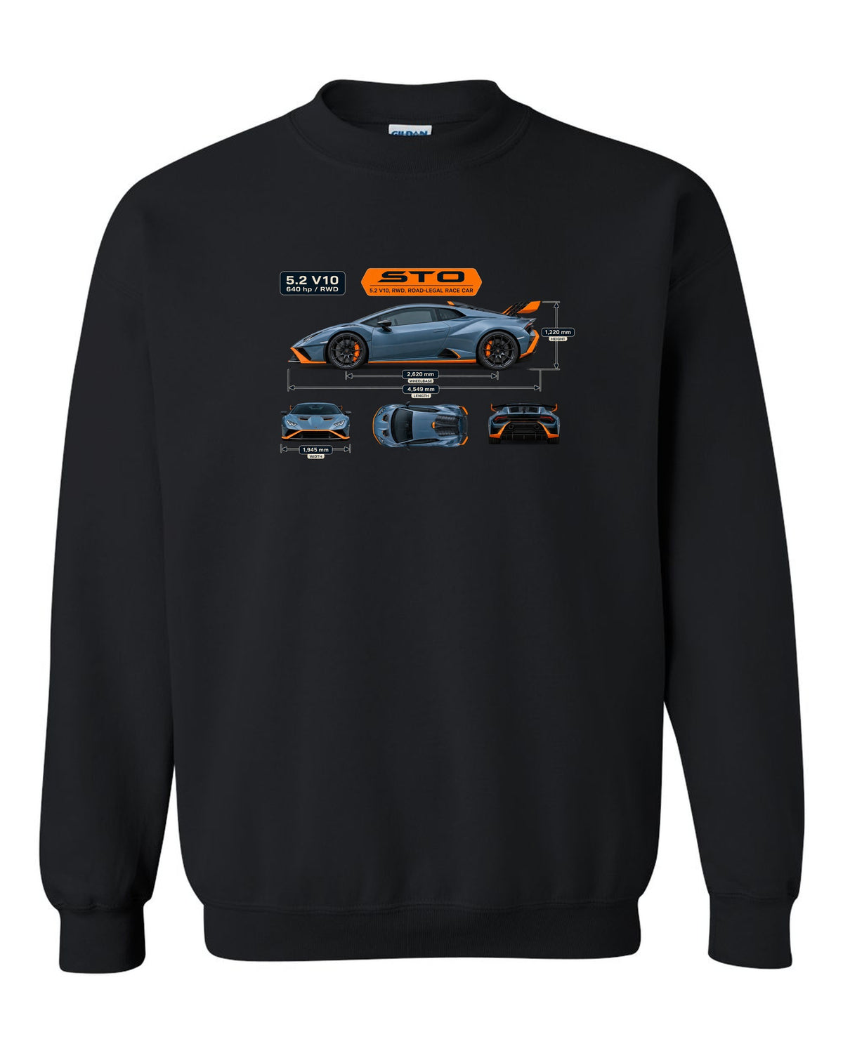 Dimension blueprint print of the Lamborghini Huracan STO black crewneck front view with the design