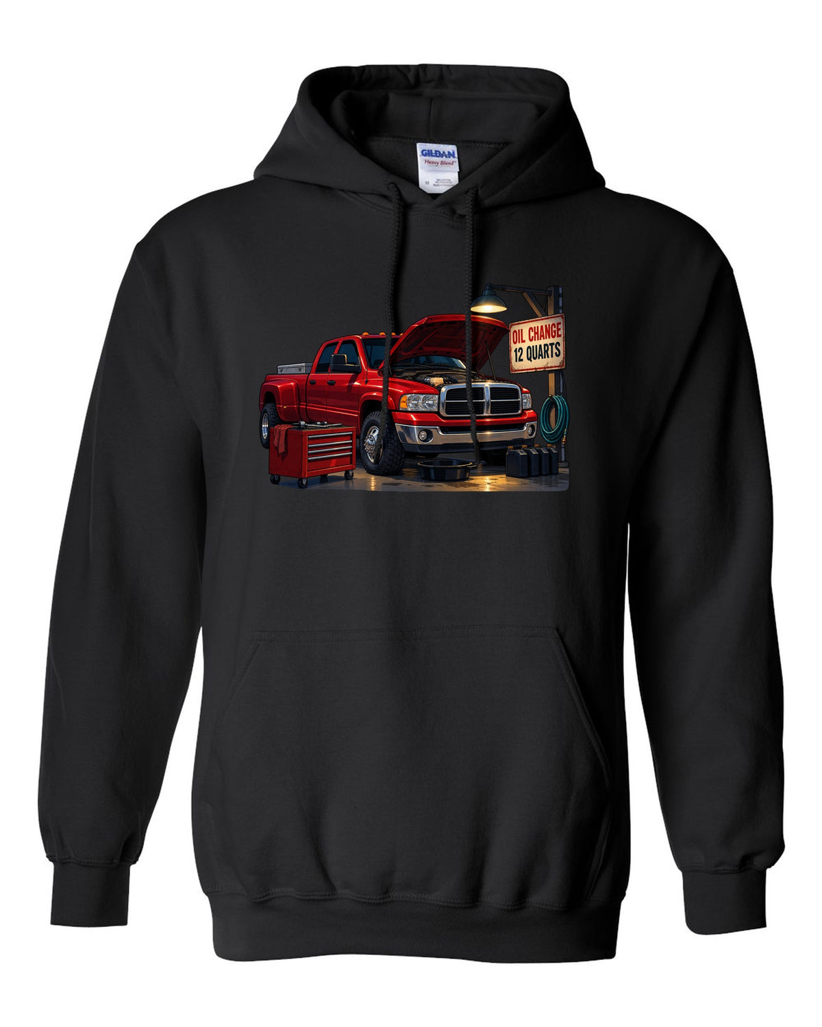 Cel-shaded anime night garage print of a red 2003-2009 Dodge Ram 3rd gen diesel with oil change text black pull over hoodie front view with the design