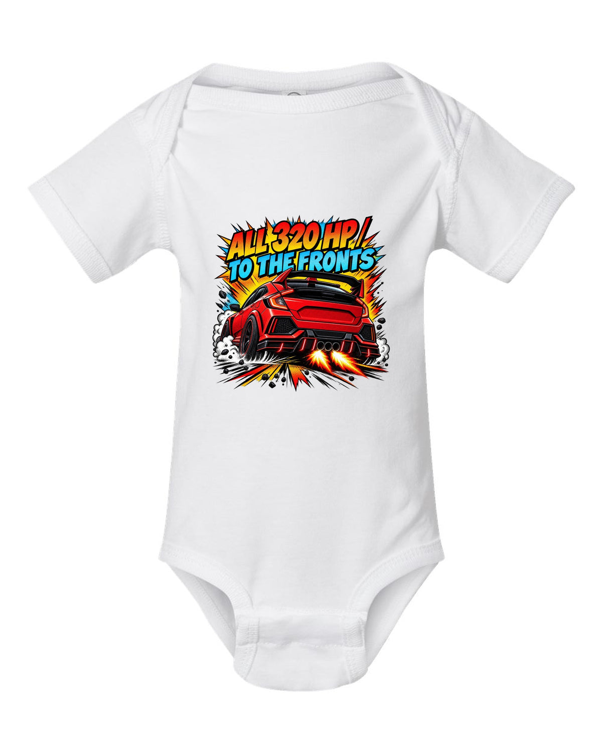 Halftone comic print of a Honda Civic Type R FK8 with triple exhaust and 320 HP text white baby onesie front view with the design