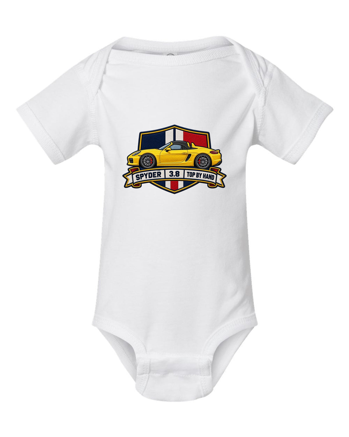 Embroidery-style crest design for the Porsche 981 Boxster Spyder with 3.8 and top by hand lettering white baby onesie front view with the design