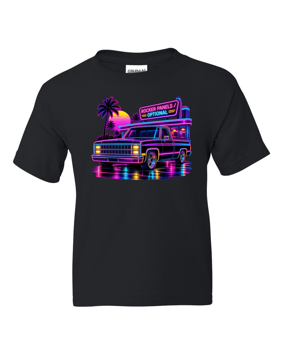 Neon synthwave line art print of a 1973-87 Chevrolet C10 Squarebody at a diner with rocker panels optional lettering black kids tee front view with the design