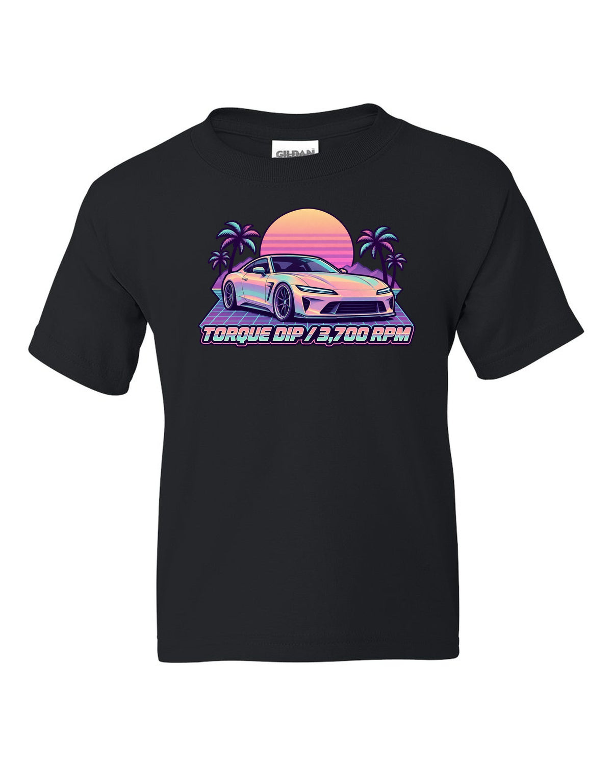 Pastel vaporwave illustration of a Toyota 86 ZN6 with Torque Dip 3,700 RPM lettering black kids tee front view with the design