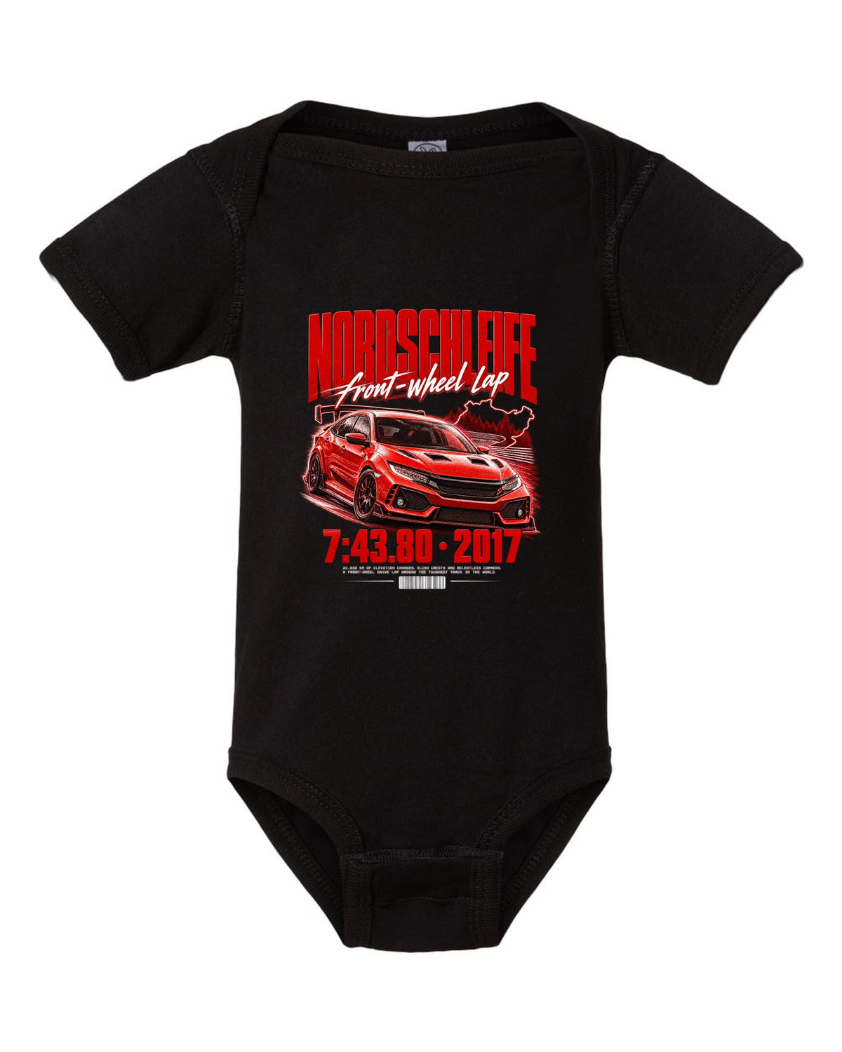 Honda Civic FK8 chback street poster with Nordschleife front-wheel lap time 7:43.80 black baby onesie front view with the design