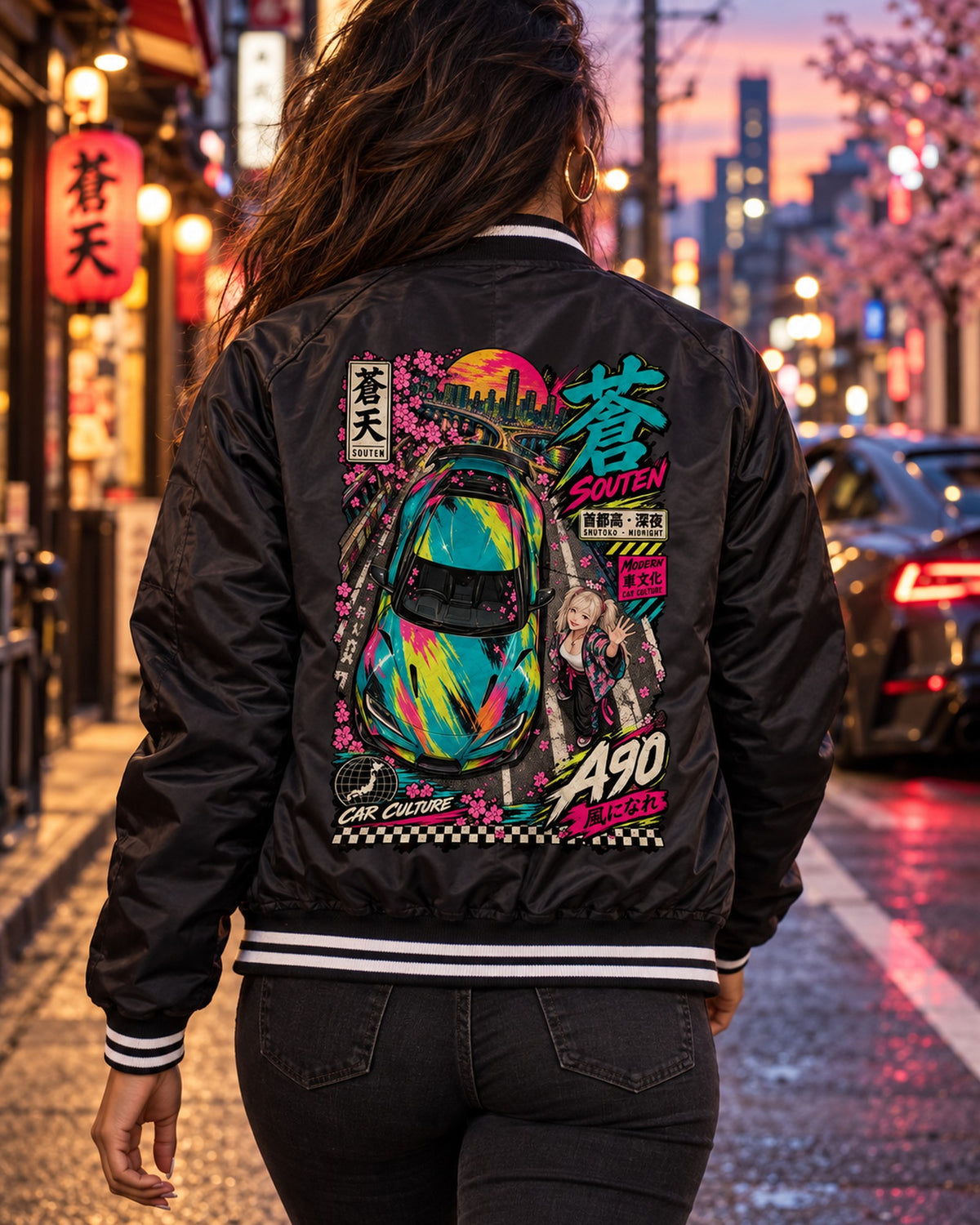 SOUTEN A90 Anime Girl Full-Back Graphic Tee Bomber Jacket Black worn hero