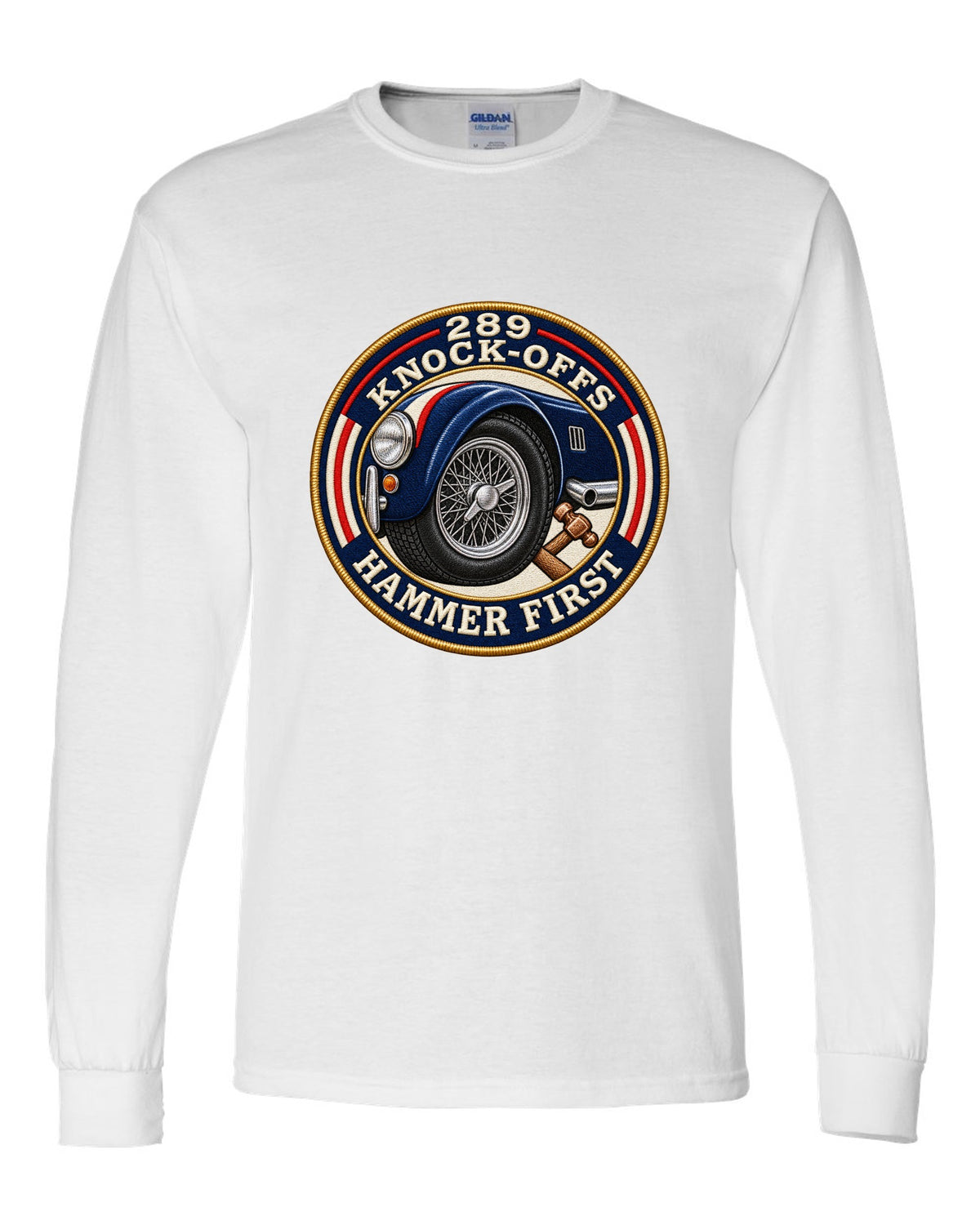 Embroidered-patch style crest print for a Shelby Cobra 289 with Knock-Offs lettering white long sleeve front view with the design