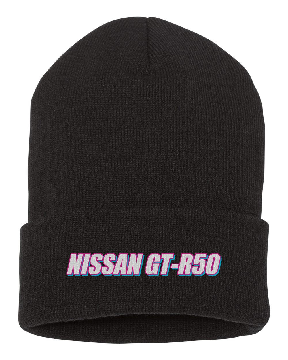 Nissan Gt-R50 black beanie front view with car name