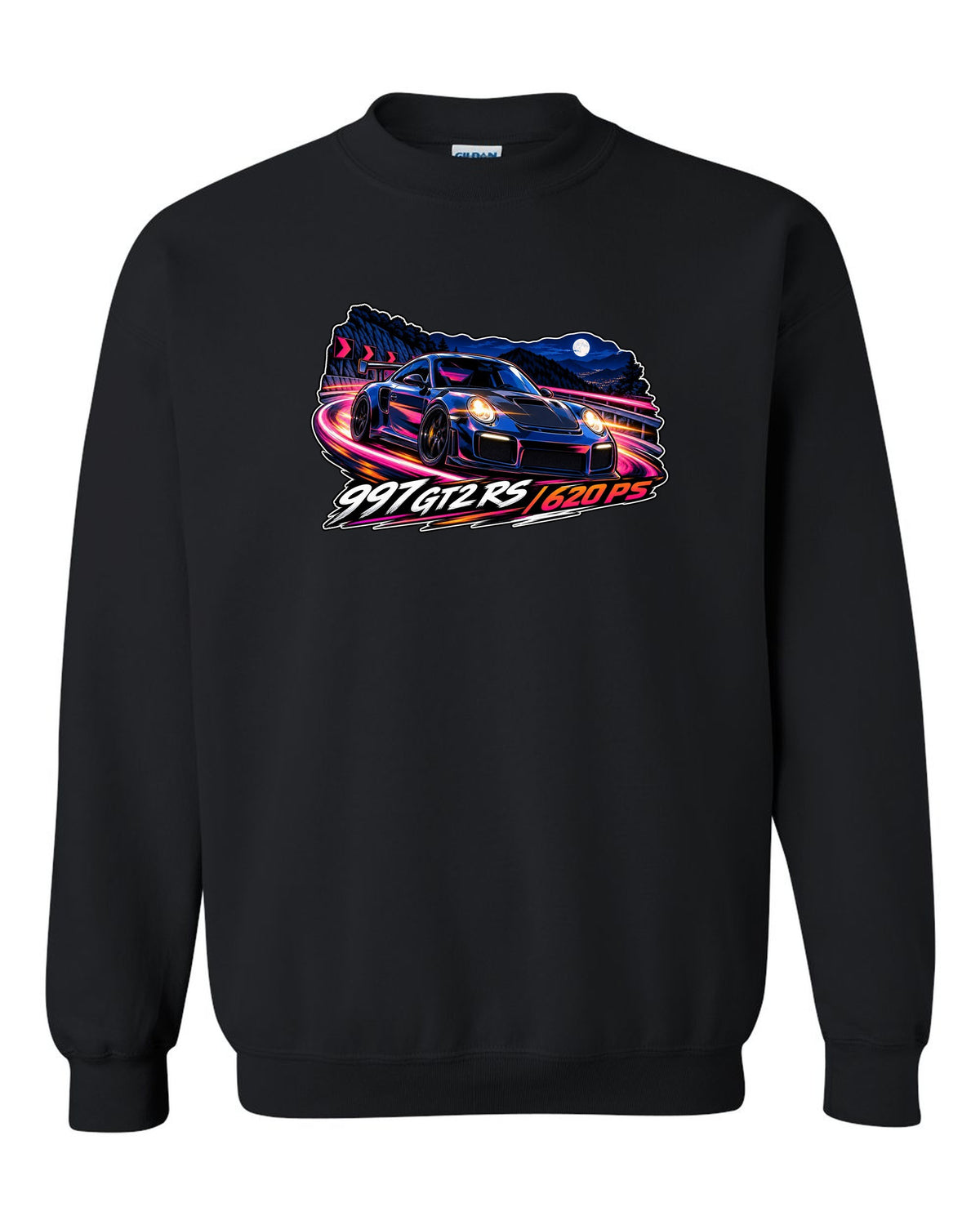 Cel-shaded anime night touge design featuring the Porsche 997 GT2 RS with 620 PS lettering black crewneck front view with the design