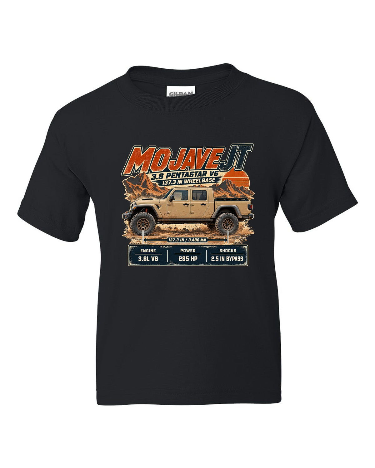 Spec poster print for the Jeep Gladiator Mojave JT with engine and wheelbase black kids tee front view with the design