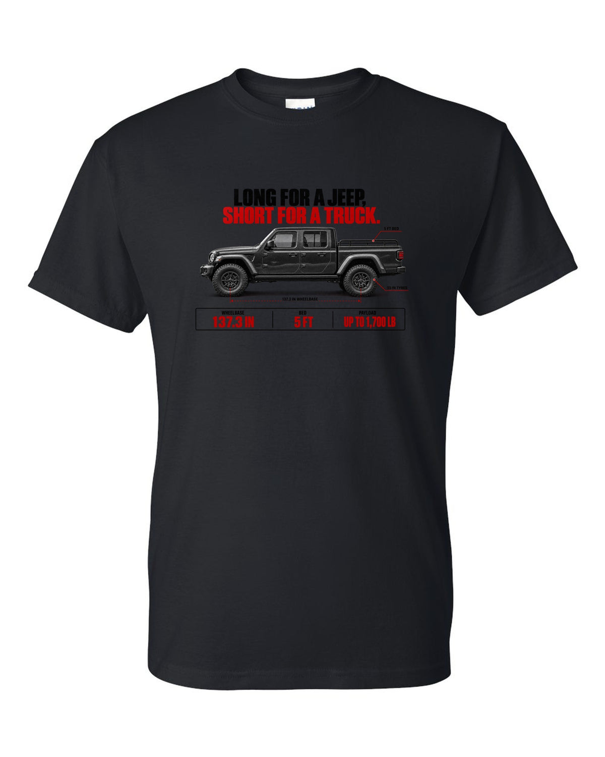 Jeep Gladiator JT spec poster print with wheelbase and payload figures black t-shirt front view with the design