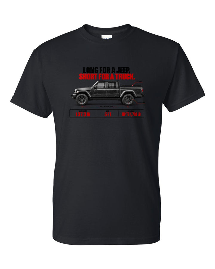Jeep Gladiator JT spec poster print with wheelbase and payload figures black t-shirt front view with the design