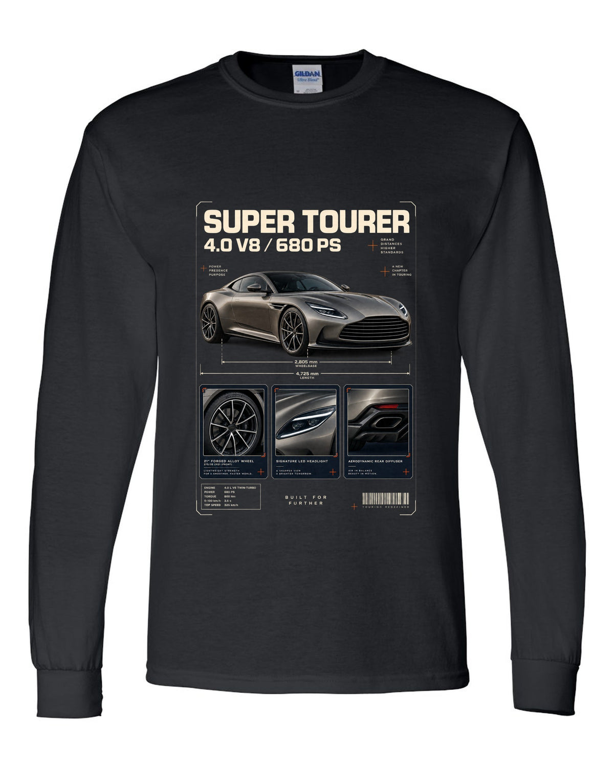 Aston Martin DB12 2023 dossier panels print with super tourer 4.0 V8 680 PS text black long sleeve front view with the design