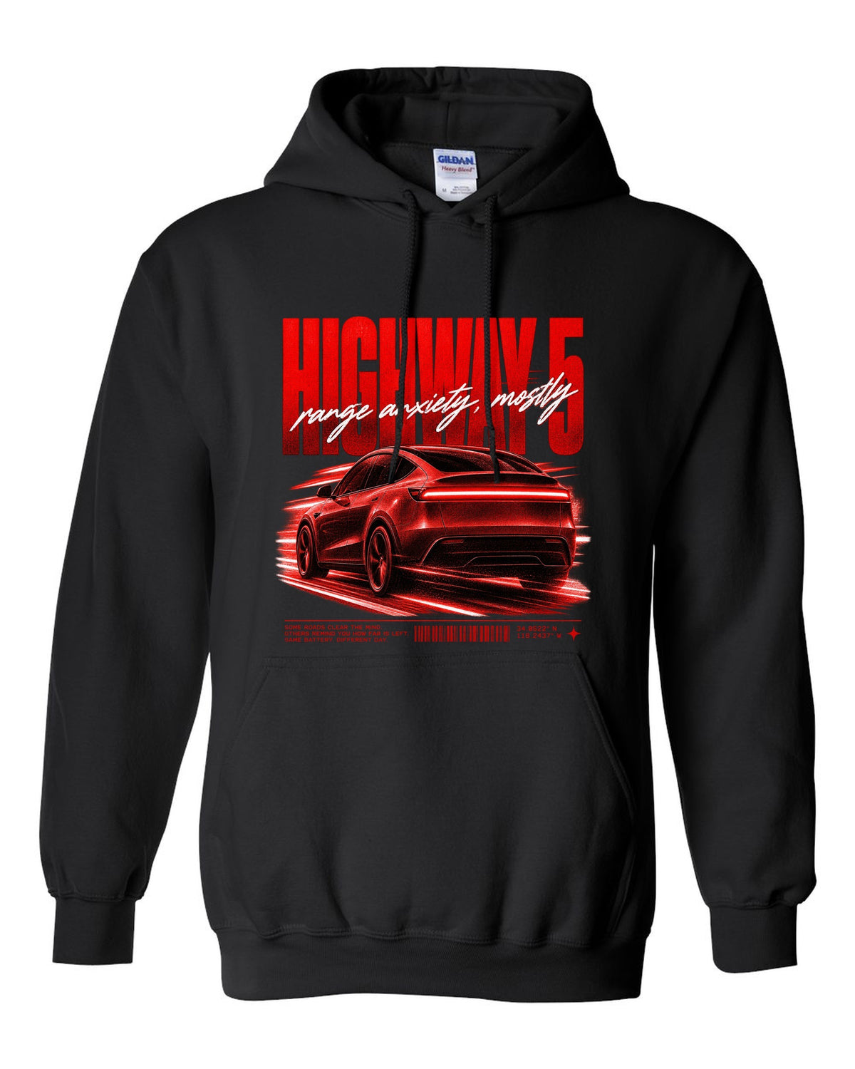 Tesla Model Y Juniper rear three-quarter in motion street poster reading Highway 5 black pull over hoodie front view with the design