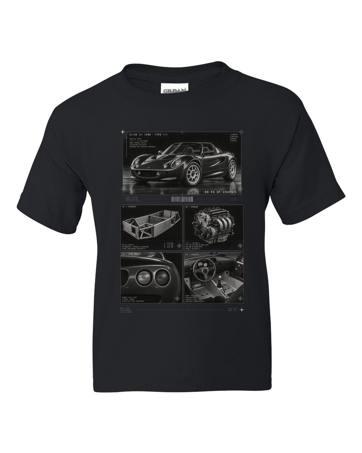 Dossier panel print of a 1996 Lotus Elise S1 Type 111 with 68 kg of chassis text black kids tee front view with the design