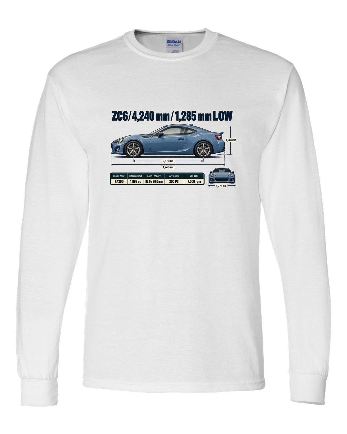 Blueprint-style dimension drawing of a Subaru BRZ ZC6 with length and height callouts white long sleeve front view with the design